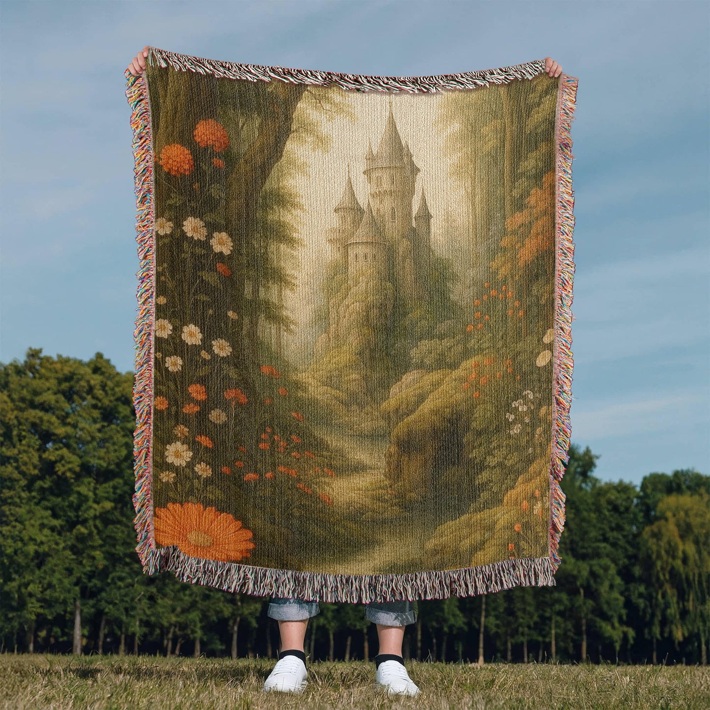 100% Cotton Woven Blanket – Fairytale Castle among Woodland Trees and Blossoms