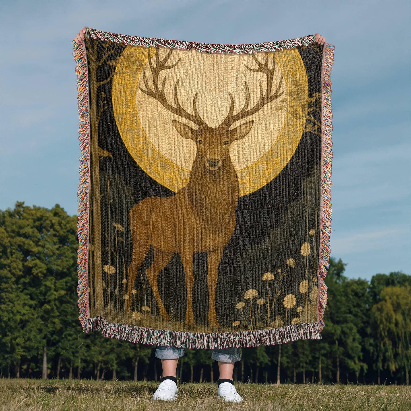 100% Cotton Woven Blanket – Majestic Deer on Night Meadow under Full Moon