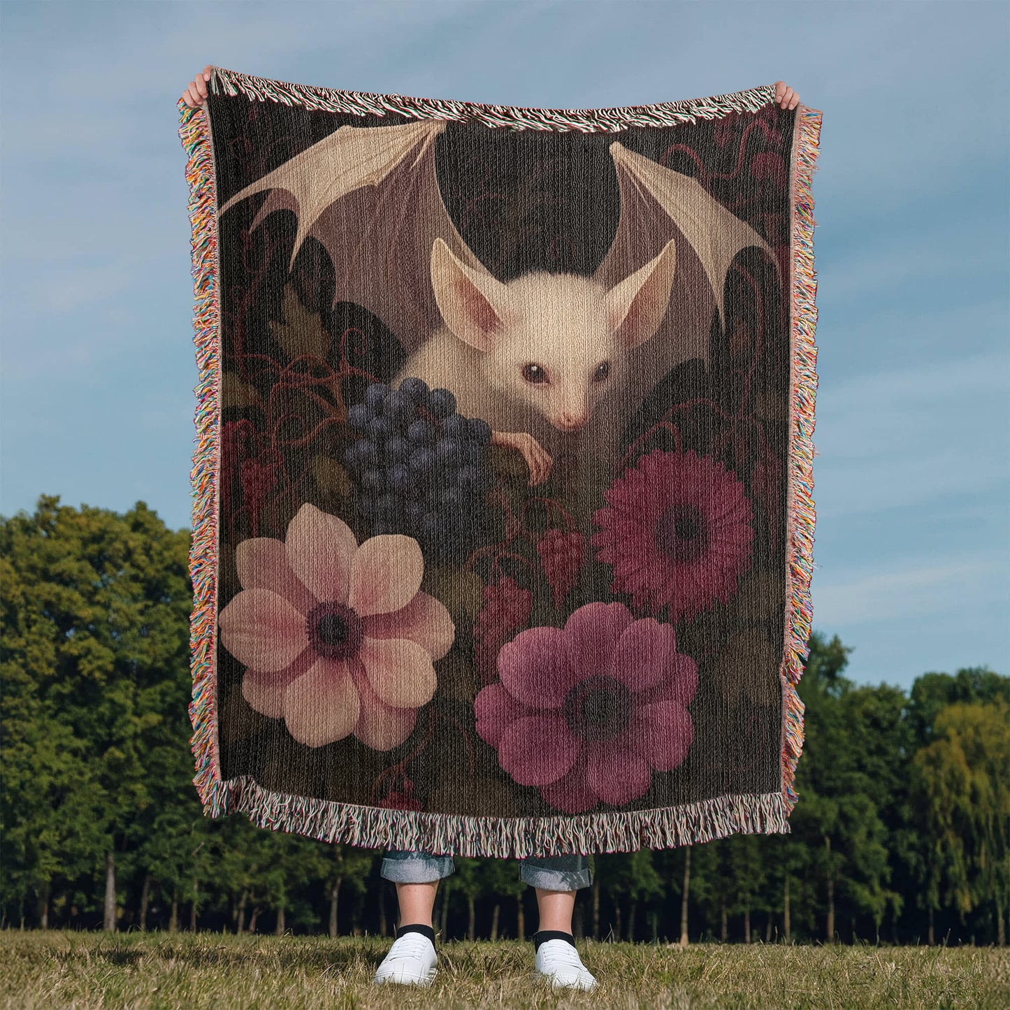 100% Cotton Woven Blanket – Bat Resting in Blooming Flowers