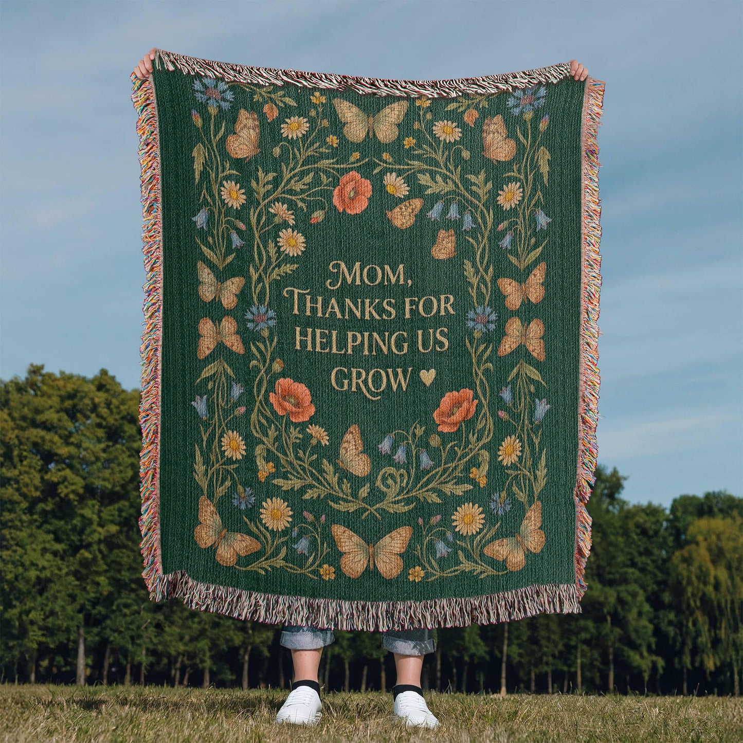 100% Cotton Woven Blanket – Mom Thanks for Helping Us Grow, Emerald Wildflower Throw Gift