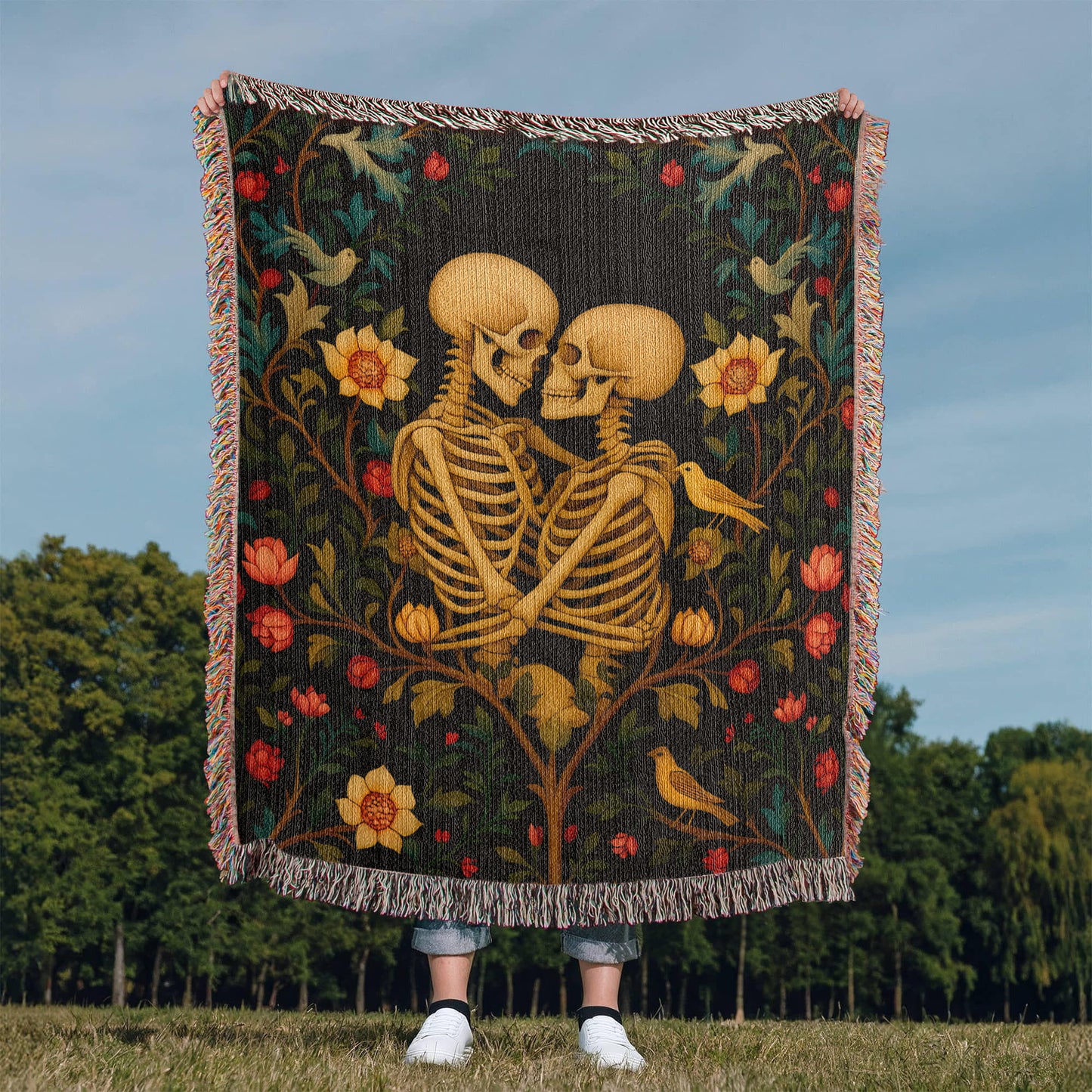 Premium Woven Cotton Throw – Skeleton Lovers in Enchanted Floral Border