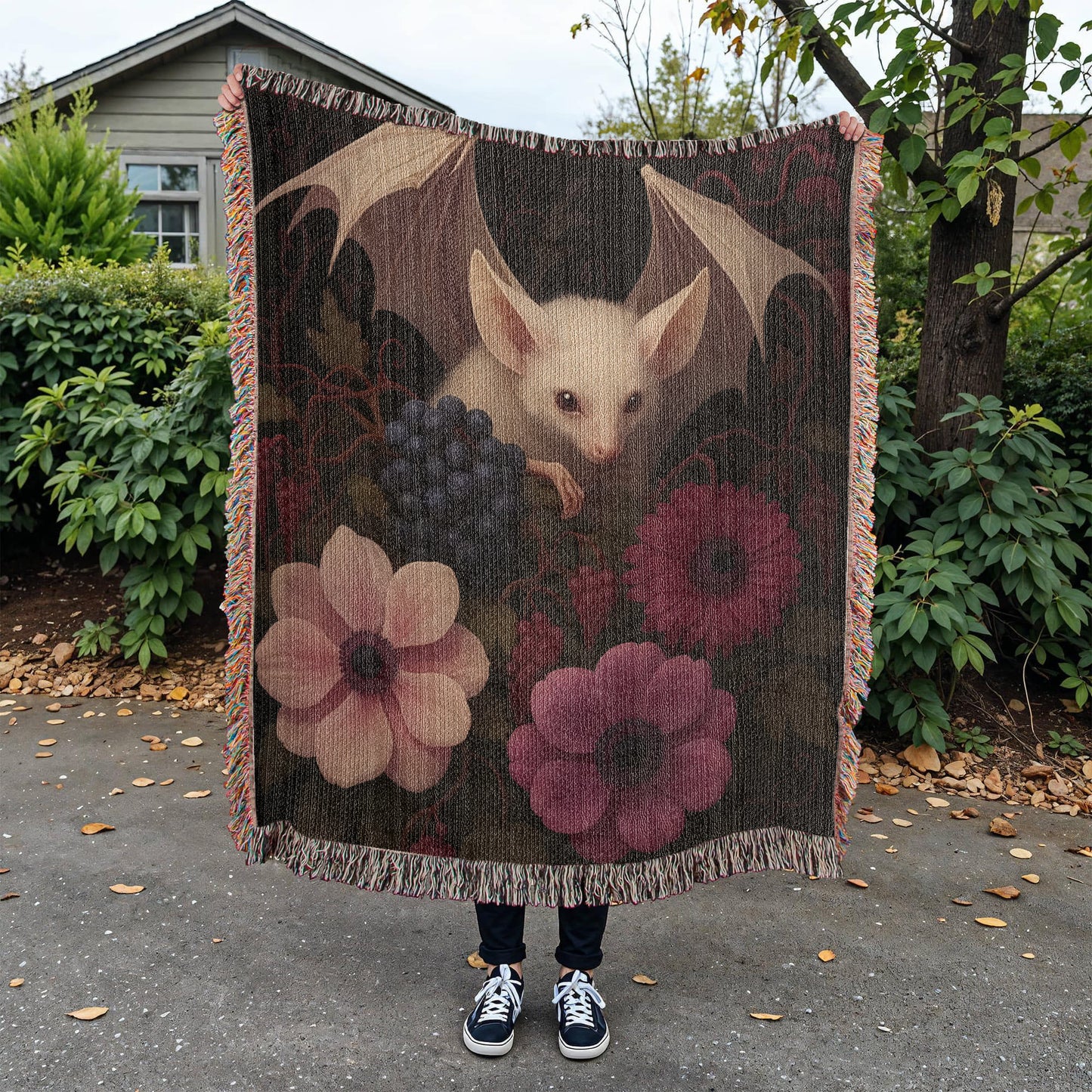 100% Cotton Woven Blanket – Bat Resting in Blooming Flowers