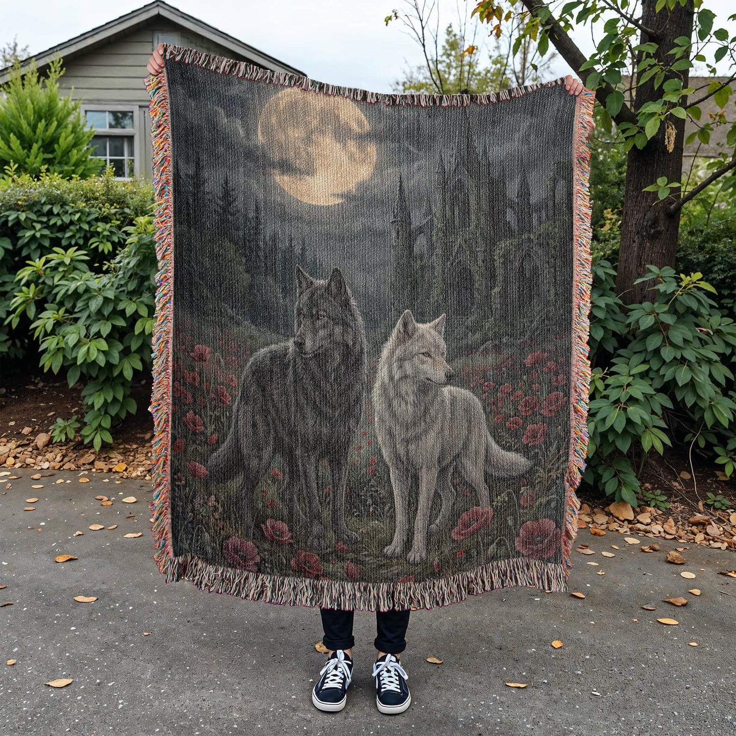 Cotton Woven Blanket – Gothic Wolf Couple in Poppy Field under Moon