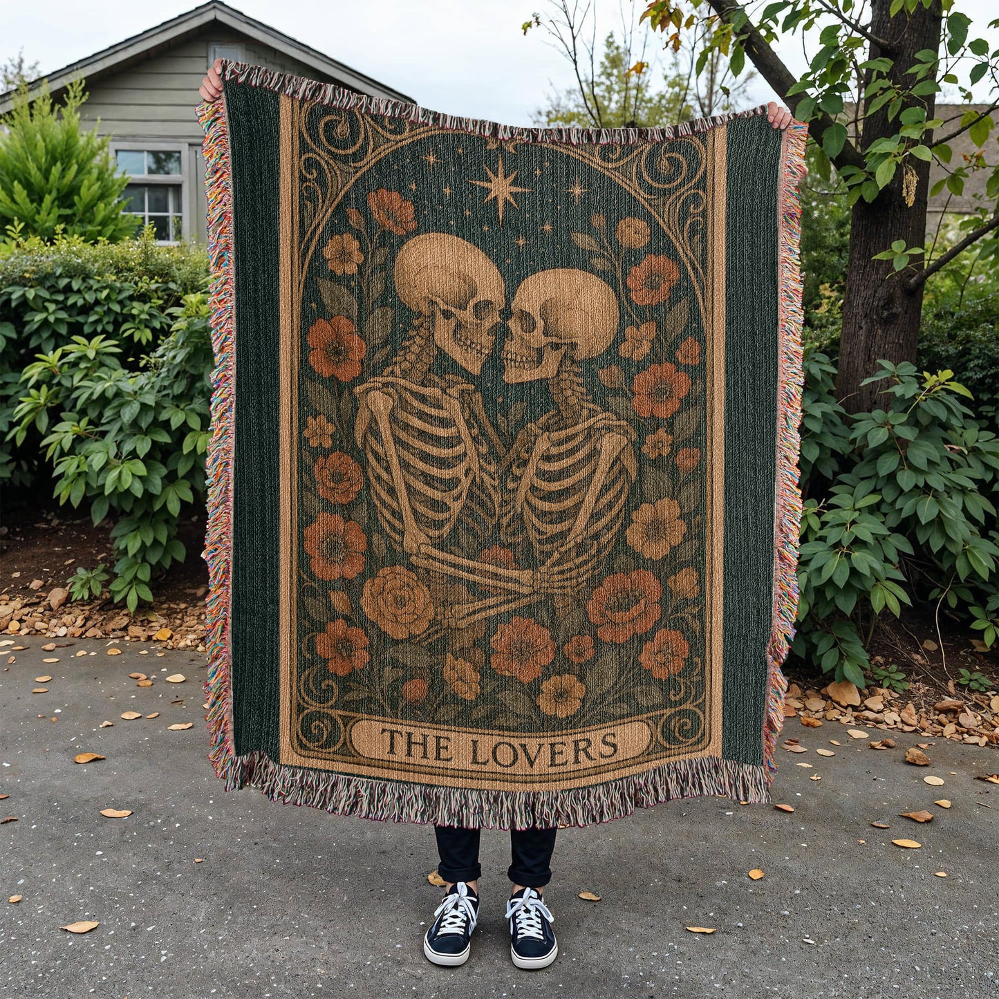 Woven Cotton Blanket – Enchanted Skeleton Couple in Floral Starry Scene, The Lovers Artwork