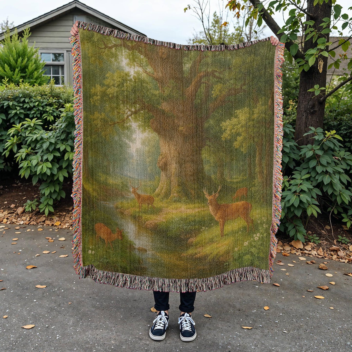 Premium Woven Cotton Throw – Deer Gathering at Stream under Towering Tree