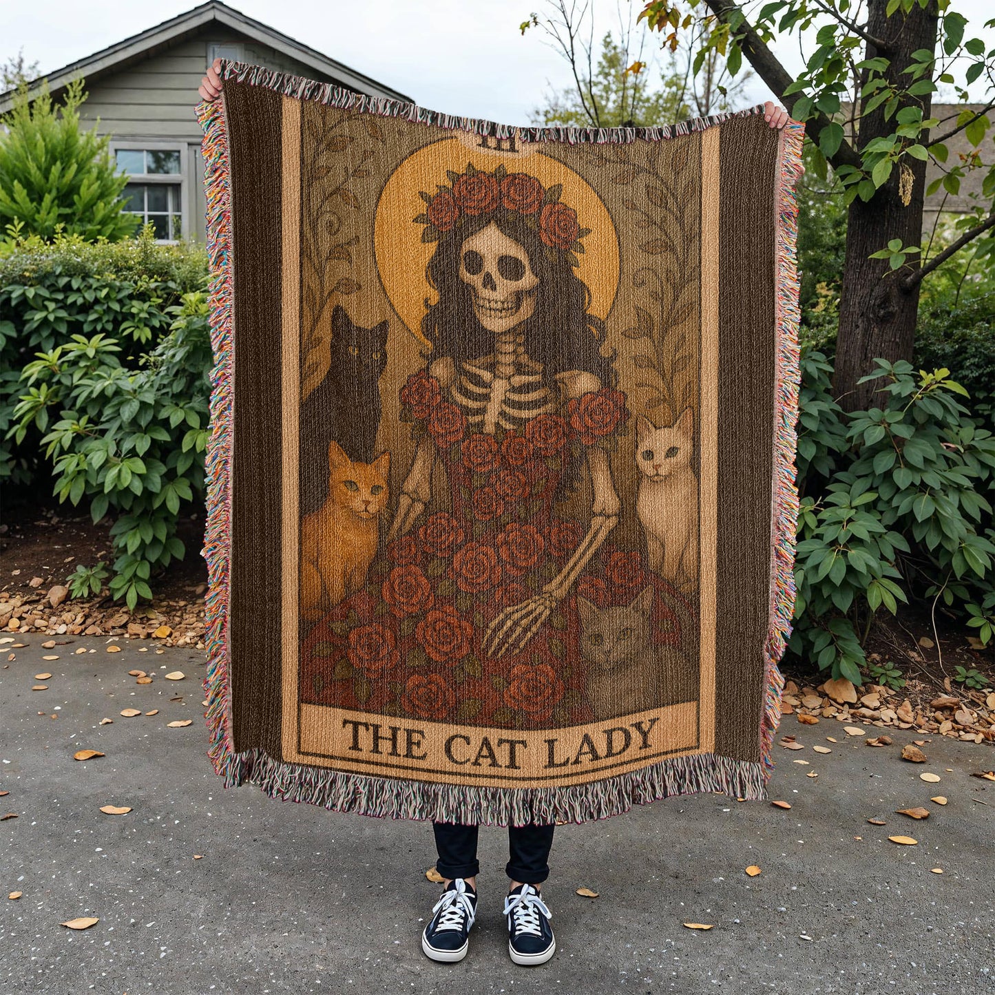 100% Cotton Woven Blanket – Gothic Skeleton Cat Lady Wearing Red Roses Gown with Four Cats, The Cat Lady Card Style