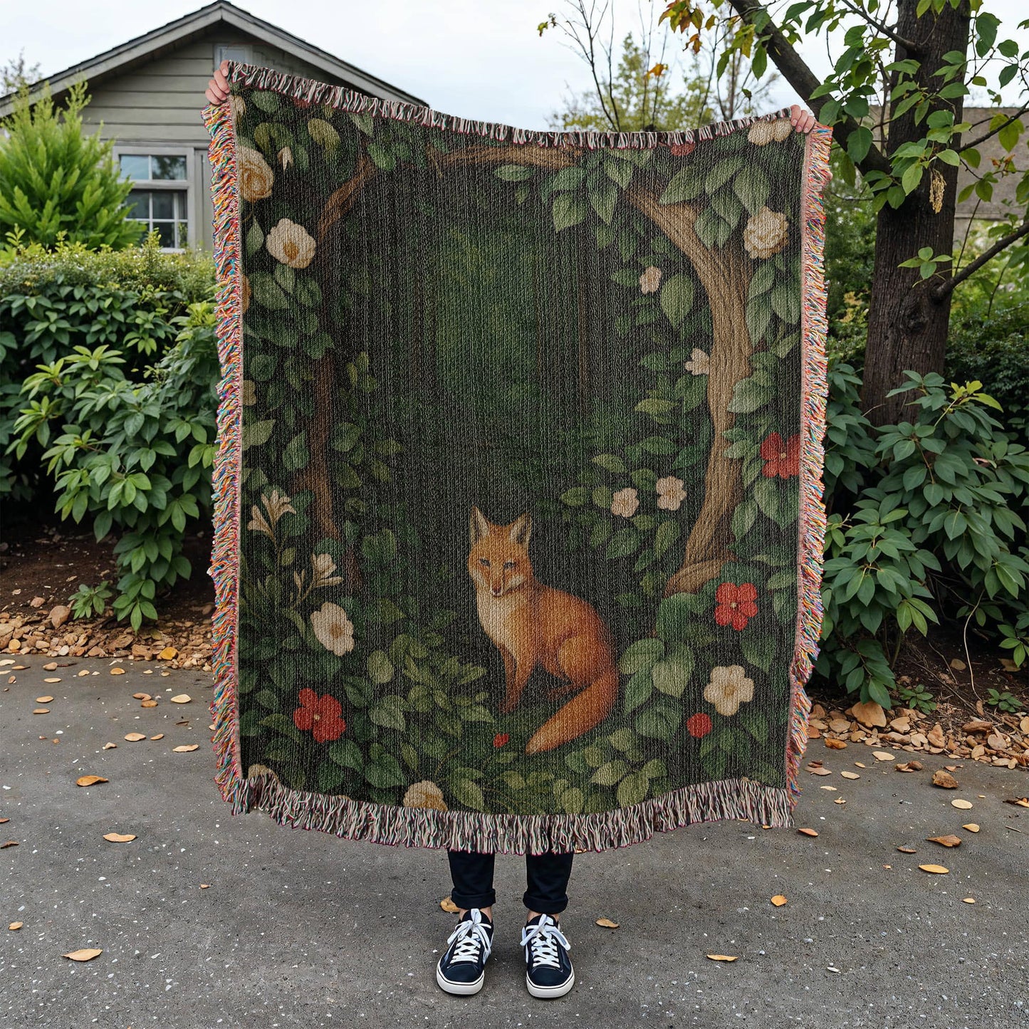 Cotton Woven Blanket – Woodland Fox among Leaves and Flowers