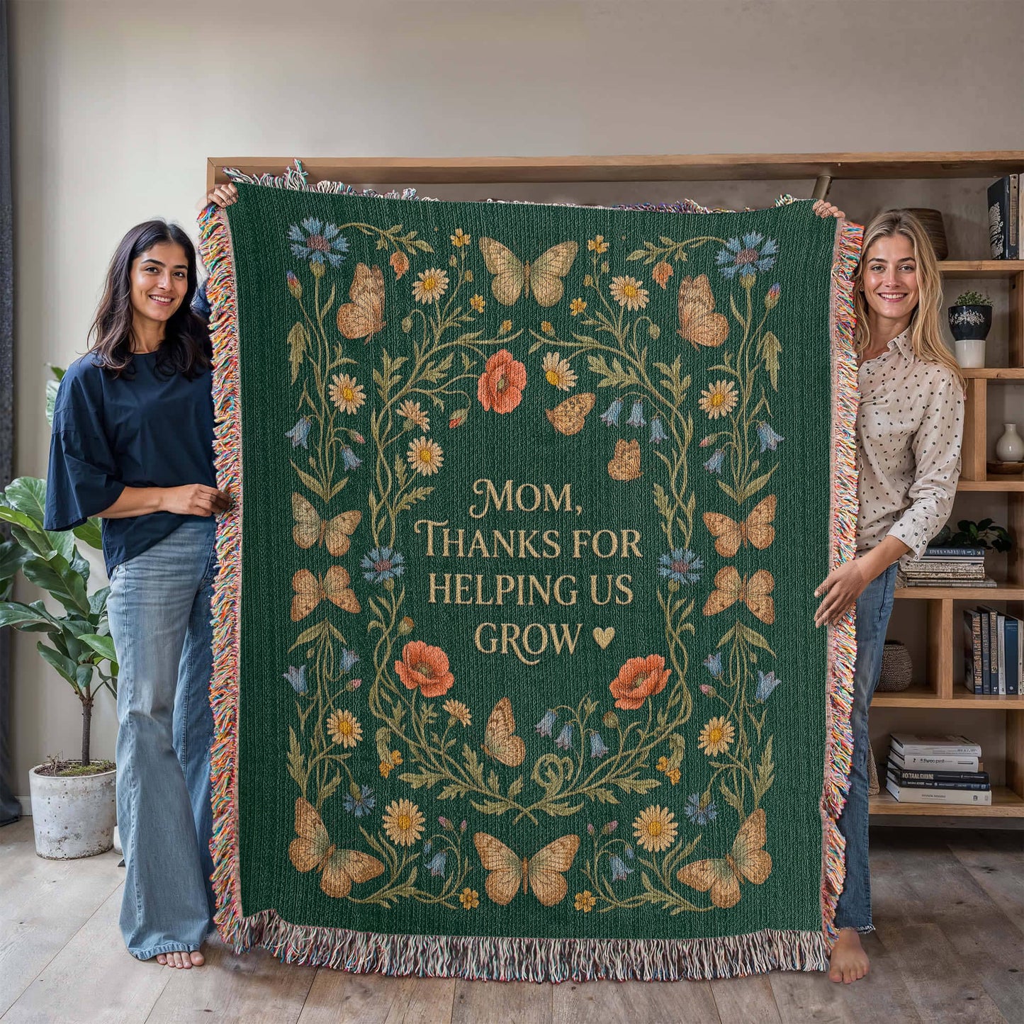 100% Cotton Woven Blanket – Mom Thanks for Helping Us Grow, Emerald Wildflower Throw Gift