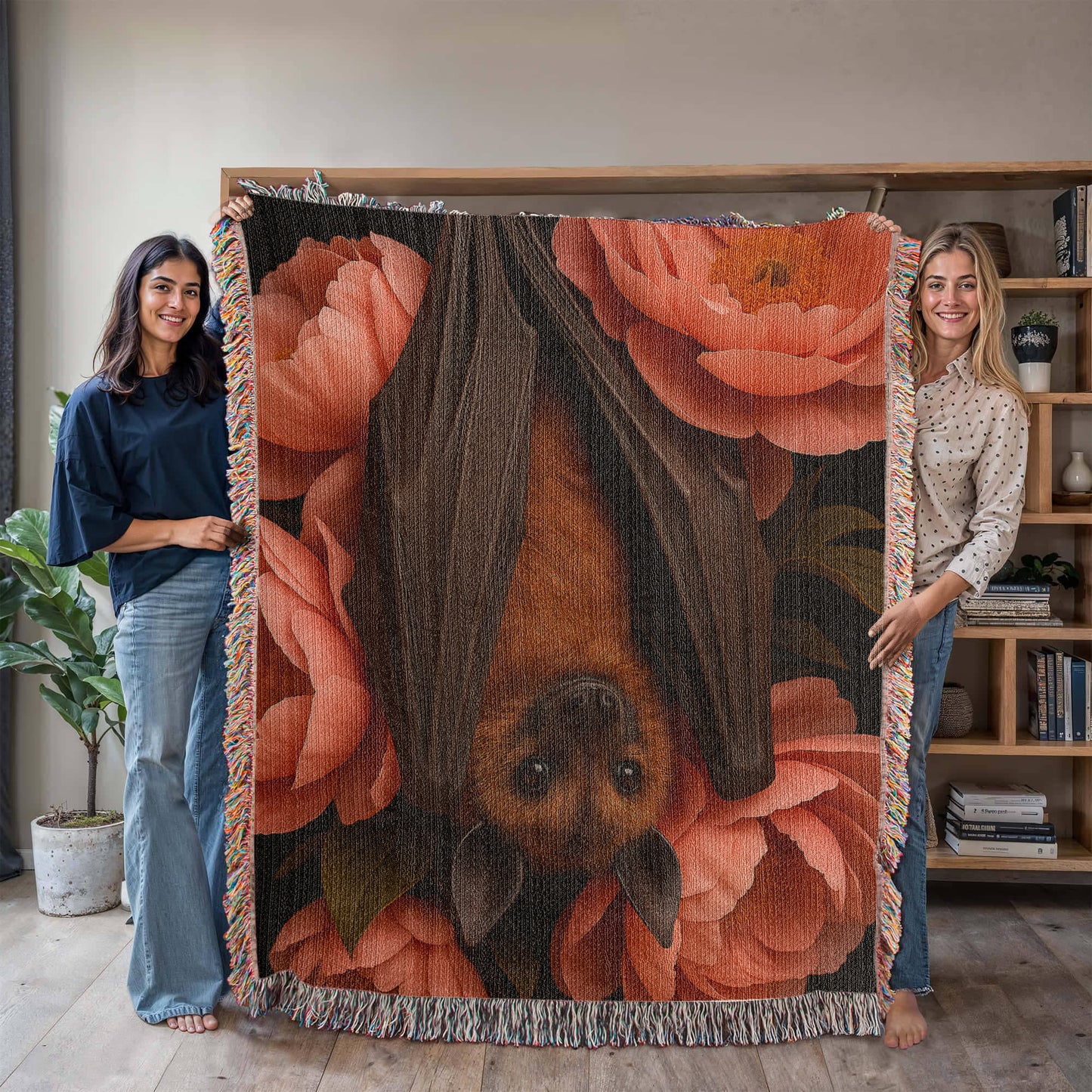 Premium Woven Cotton Throw – Bat Nestled among Vibrant Flowers