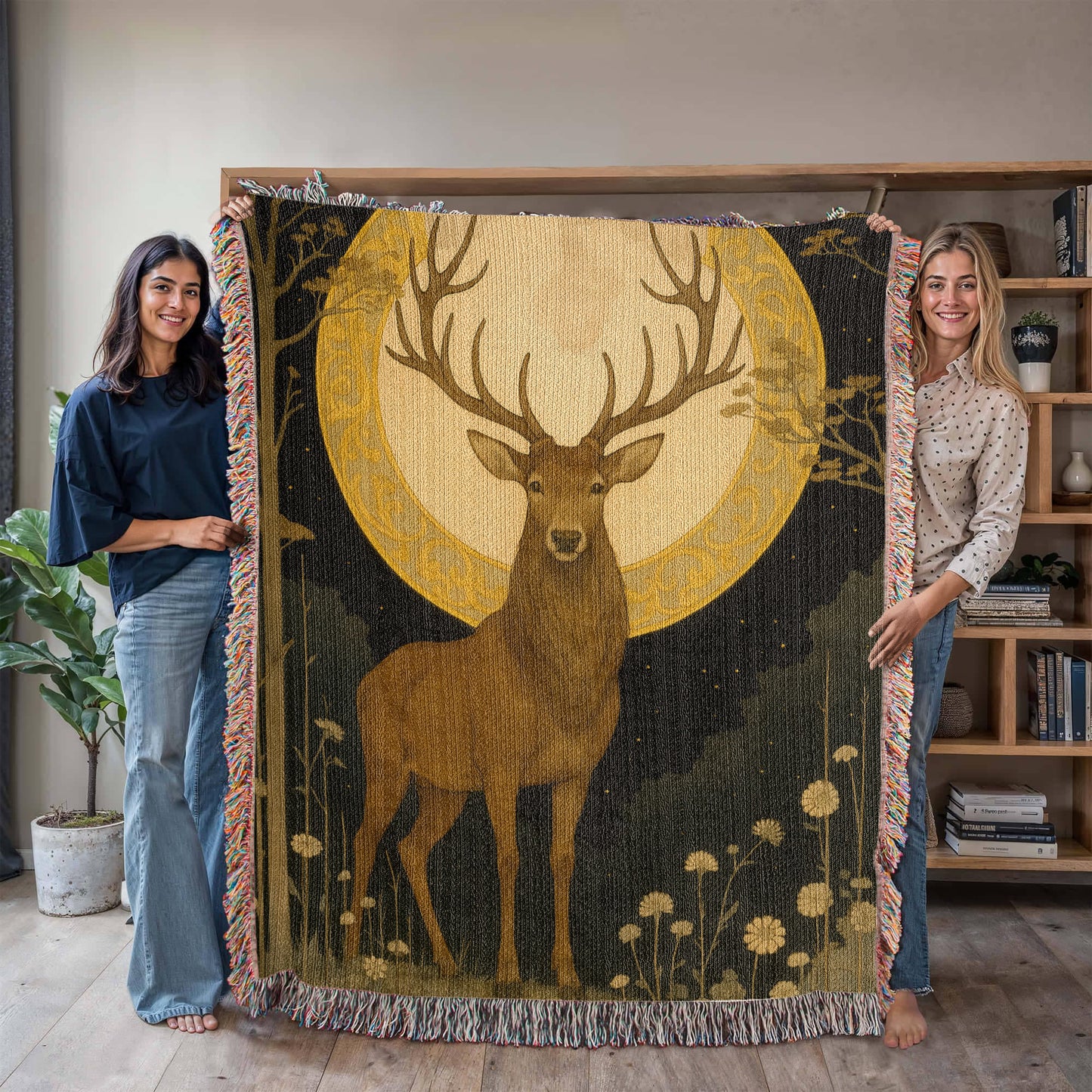 100% Cotton Woven Blanket – Majestic Deer on Night Meadow under Full Moon