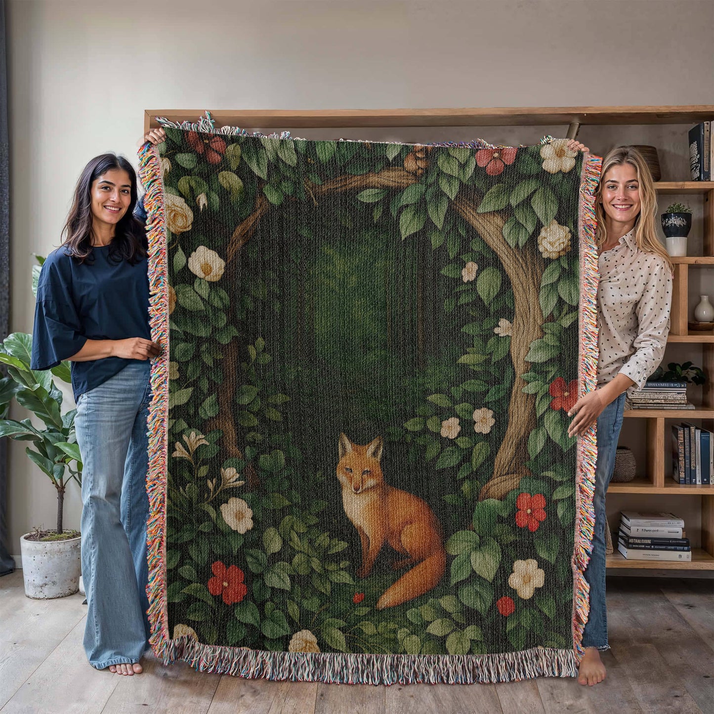 Cotton Woven Blanket – Woodland Fox among Leaves and Flowers