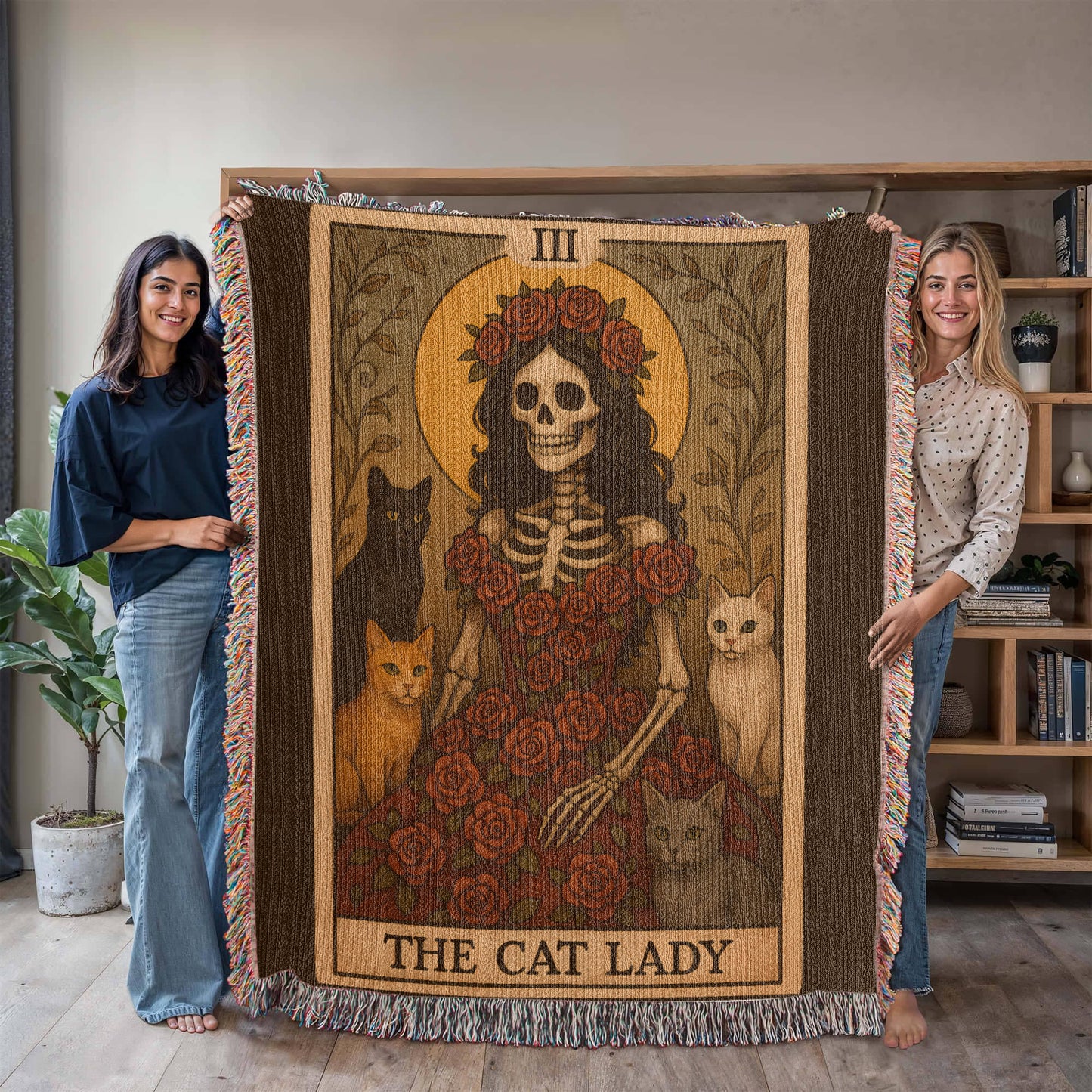 100% Cotton Woven Blanket – Gothic Skeleton Cat Lady Wearing Red Roses Gown with Four Cats, The Cat Lady Card Style