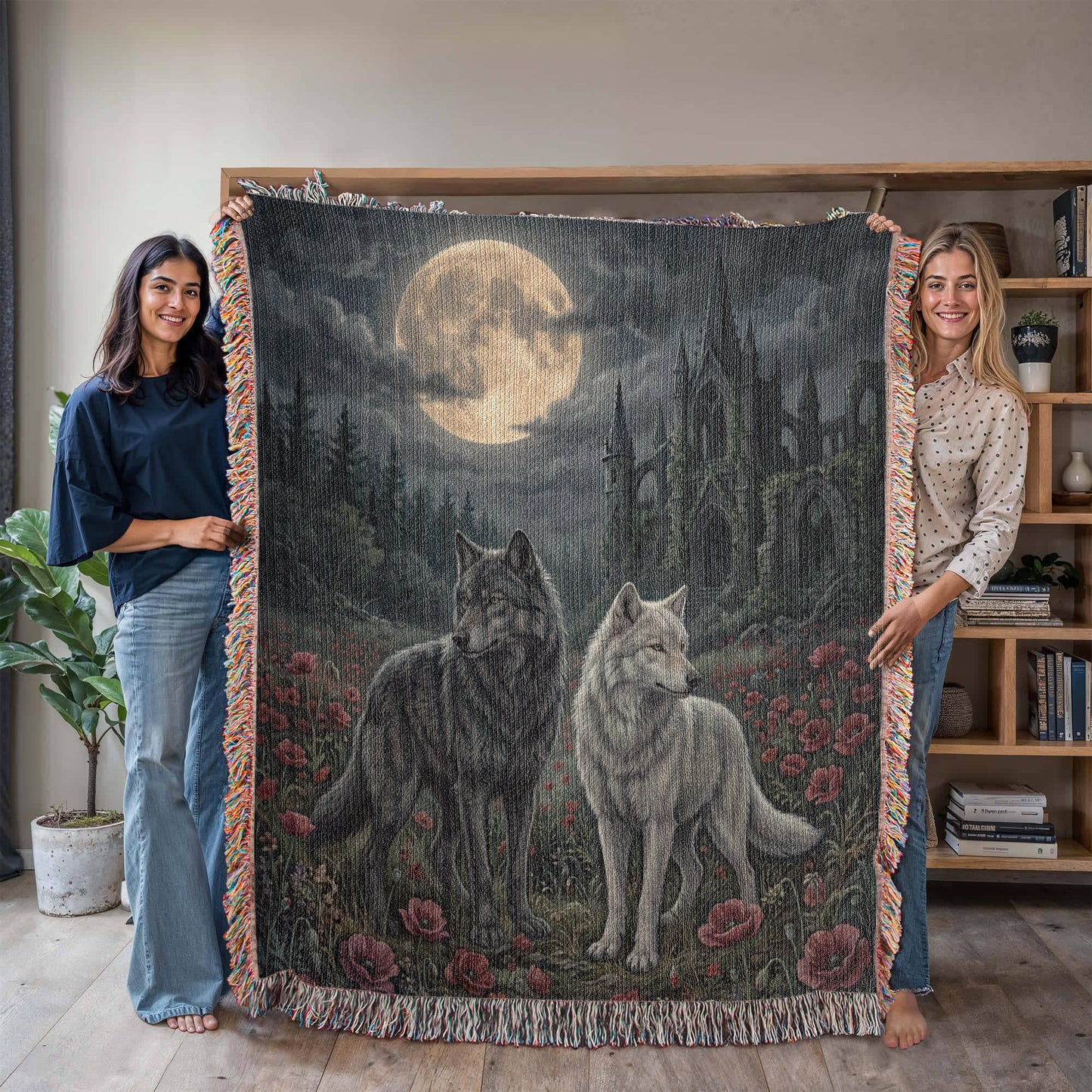Cotton Woven Blanket – Gothic Wolf Couple in Poppy Field under Moon