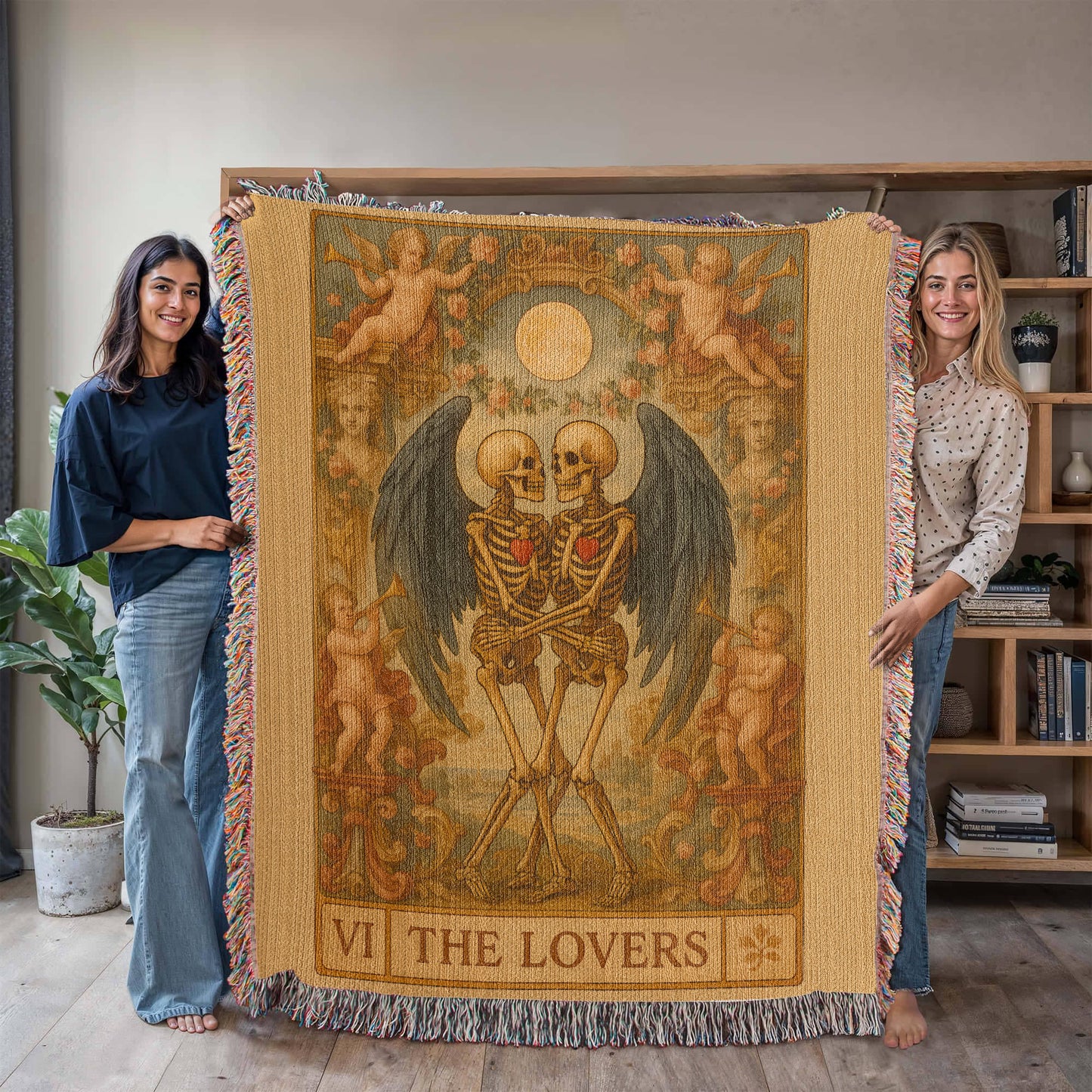 100% Cotton Woven Blanket – Gothic Skeleton Couple with Black Wings Surrounded by Cherubs, The Lovers Card Design