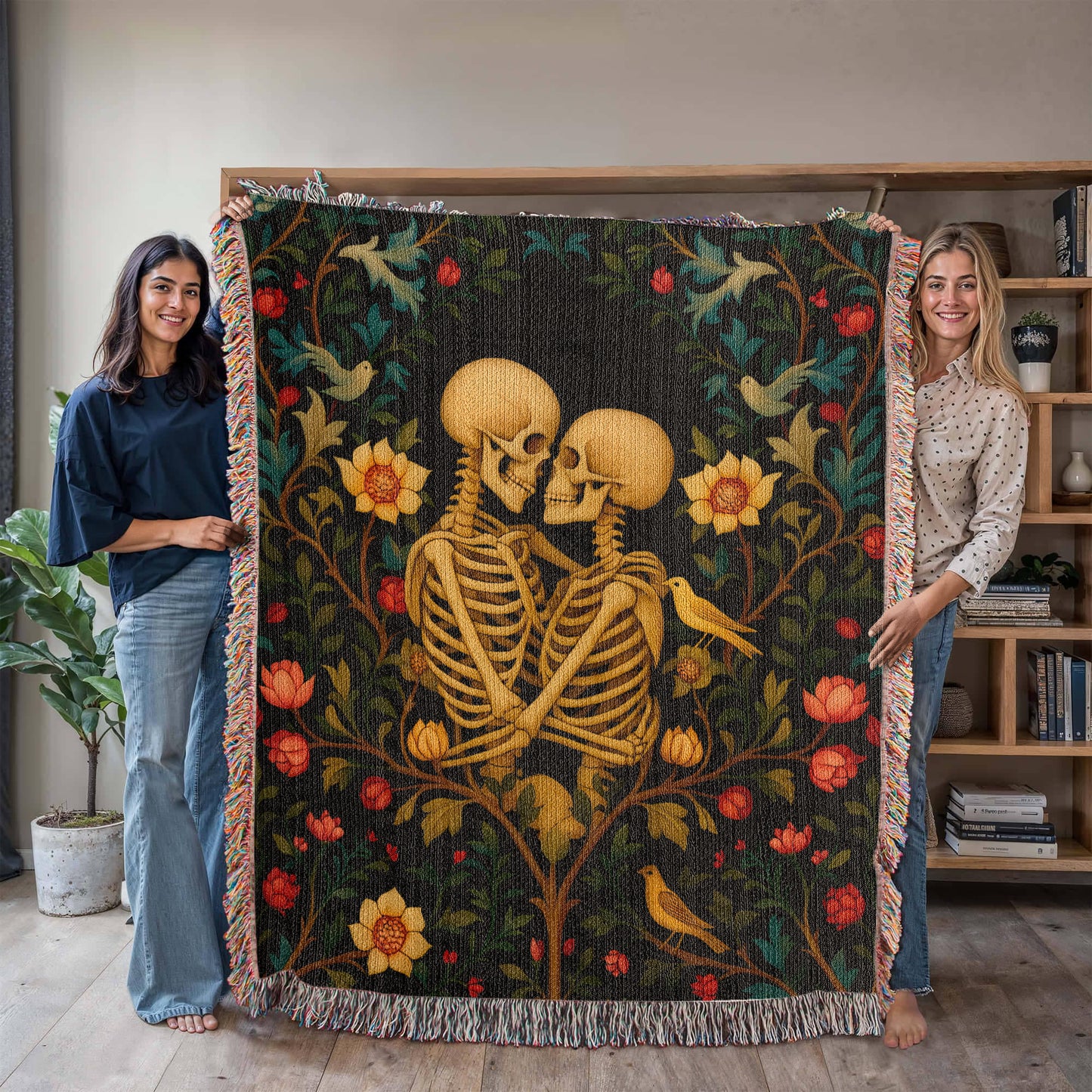 Premium Woven Cotton Throw – Skeleton Lovers in Enchanted Floral Border