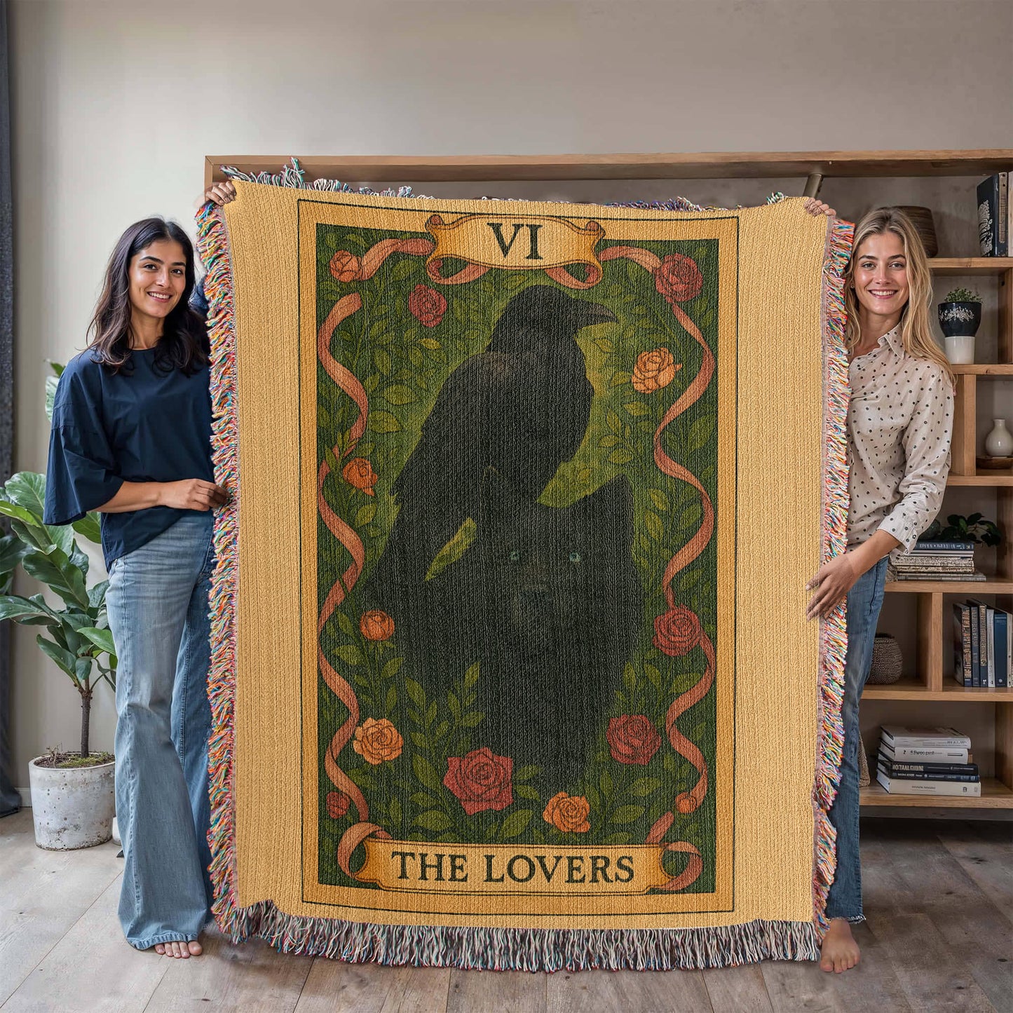 100% Cotton Woven Blanket – Mystic Black Wolf and Raven on Grass & Flowers, The Lovers Card VI