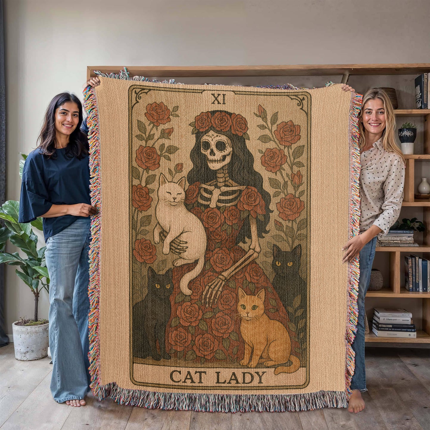 Premium Woven Cotton Throw – Skeleton Cat Lady Dressed in Red Roses with Four Cats, “Cat Lady” Card Artwork