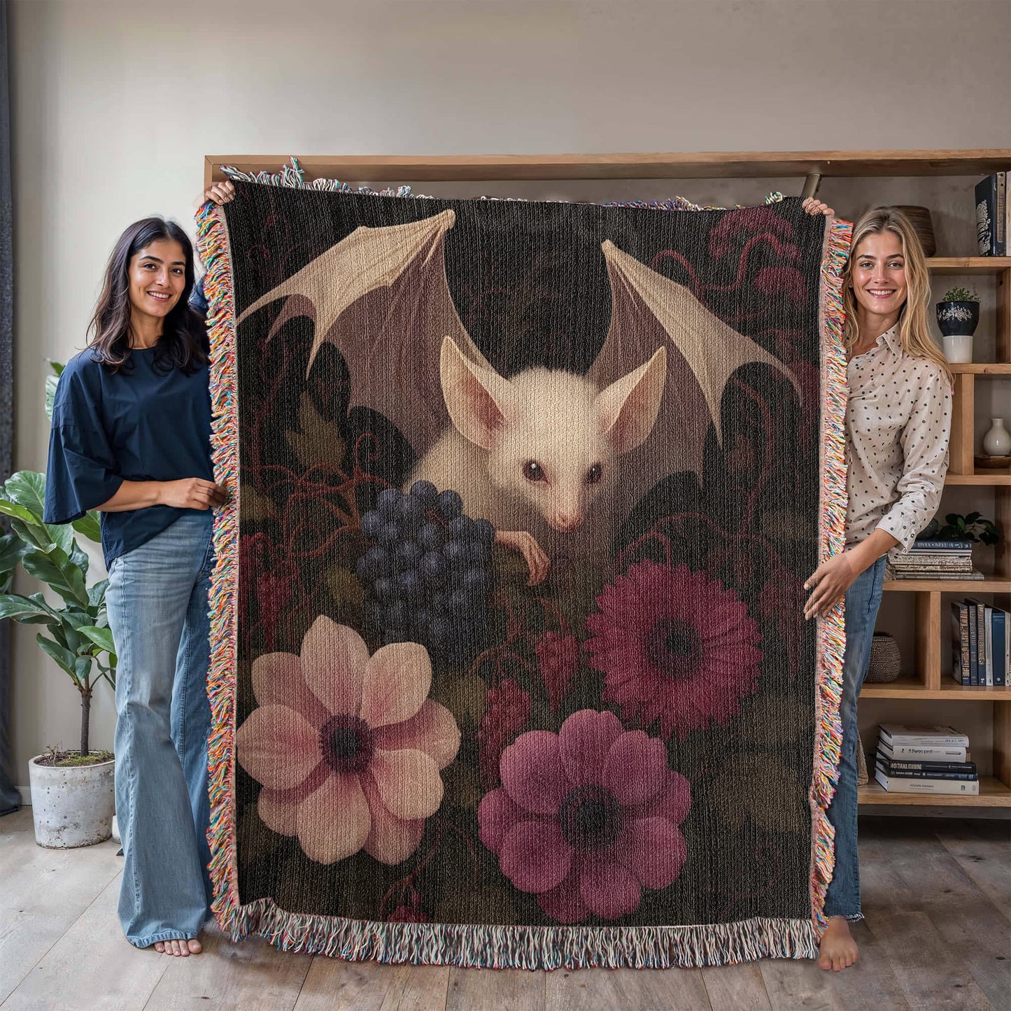 100% Cotton Woven Blanket – Bat Resting in Blooming Flowers