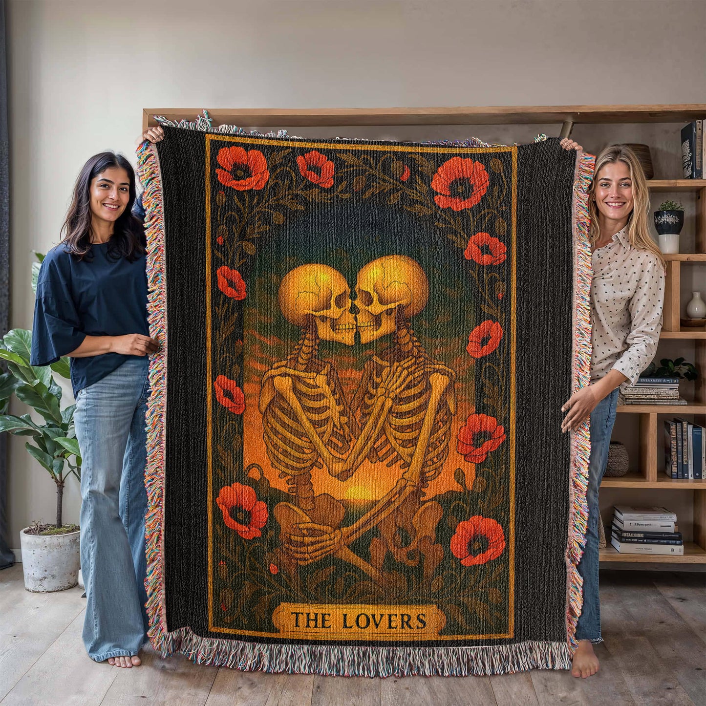 Premium Woven Cotton Throw – Skeleton Lovers with Poppy Garland Frame, Sunset Scene & The Lovers Caption