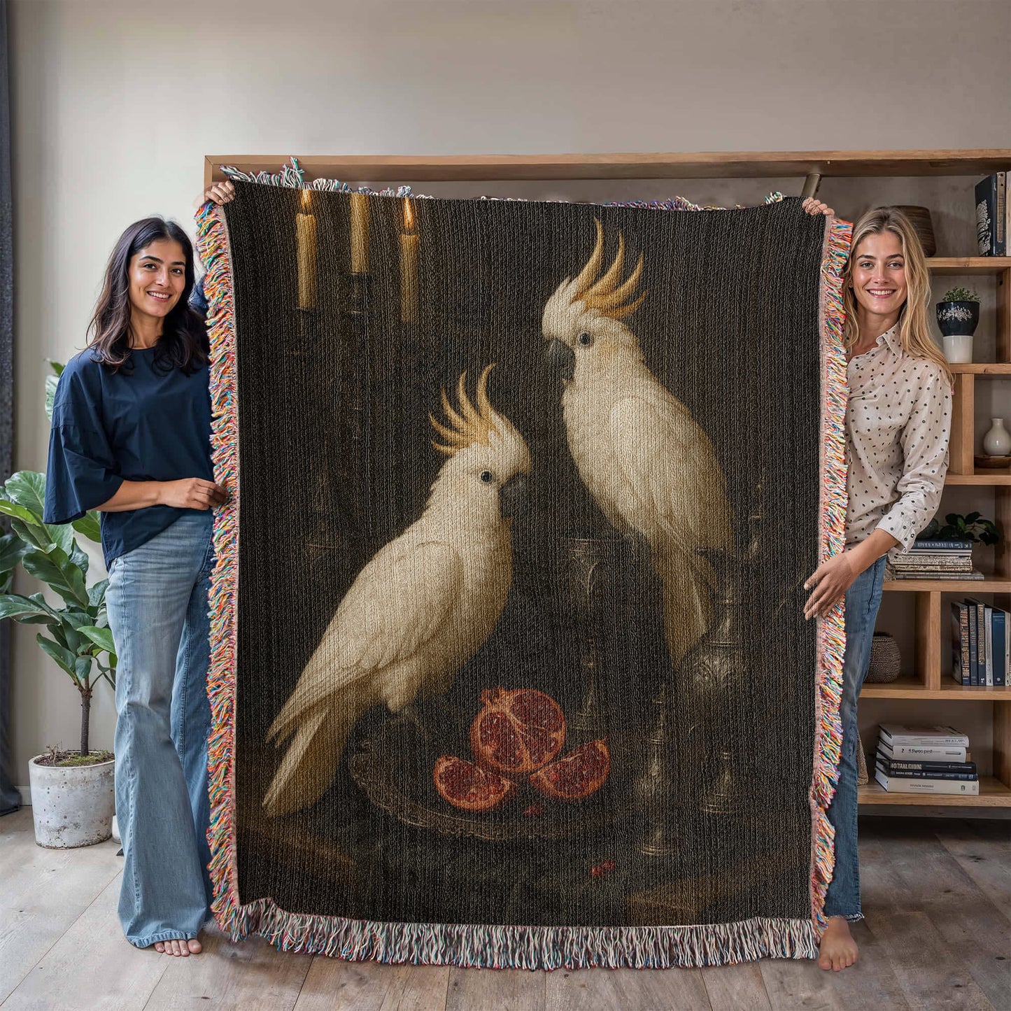 100% Cotton Woven Blanket – White Parrots on Table with Two Halved Pomegranates, Bronze Cup and Jug