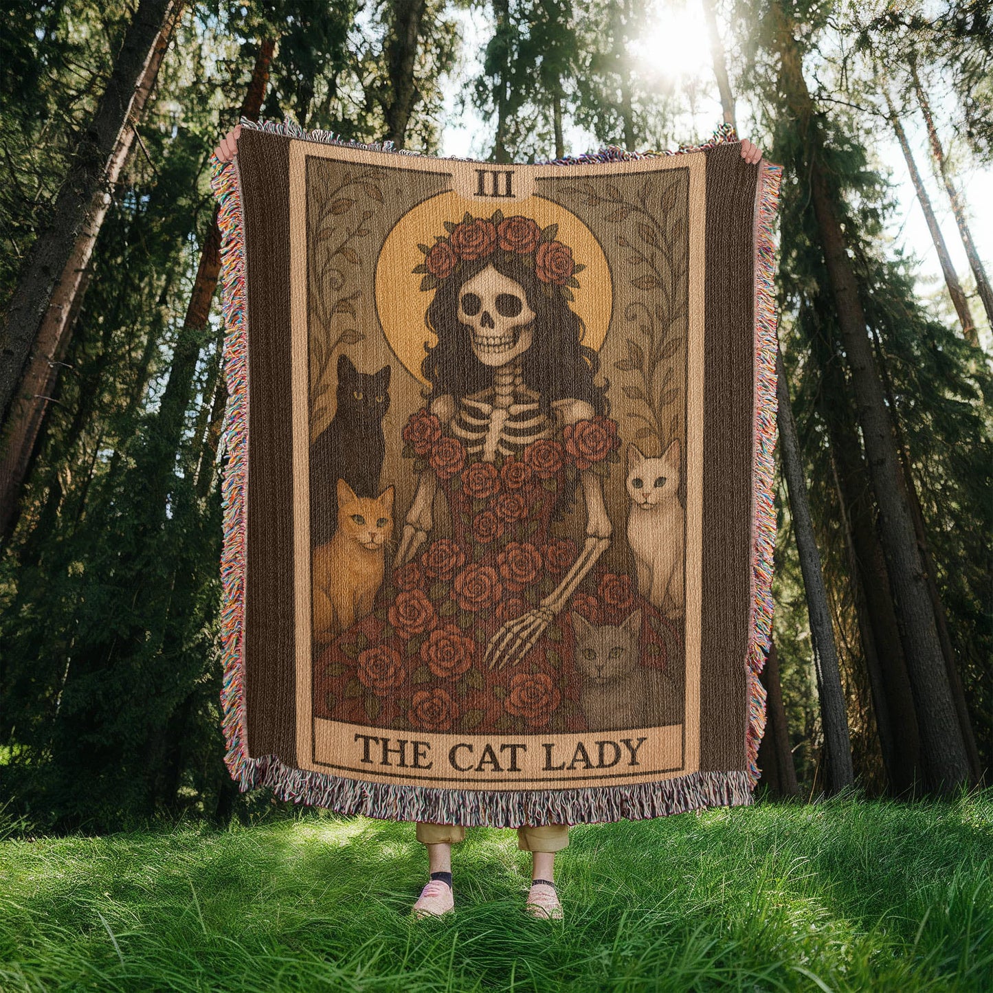100% Cotton Woven Blanket – Gothic Skeleton Cat Lady Wearing Red Roses Gown with Four Cats, The Cat Lady Card Style