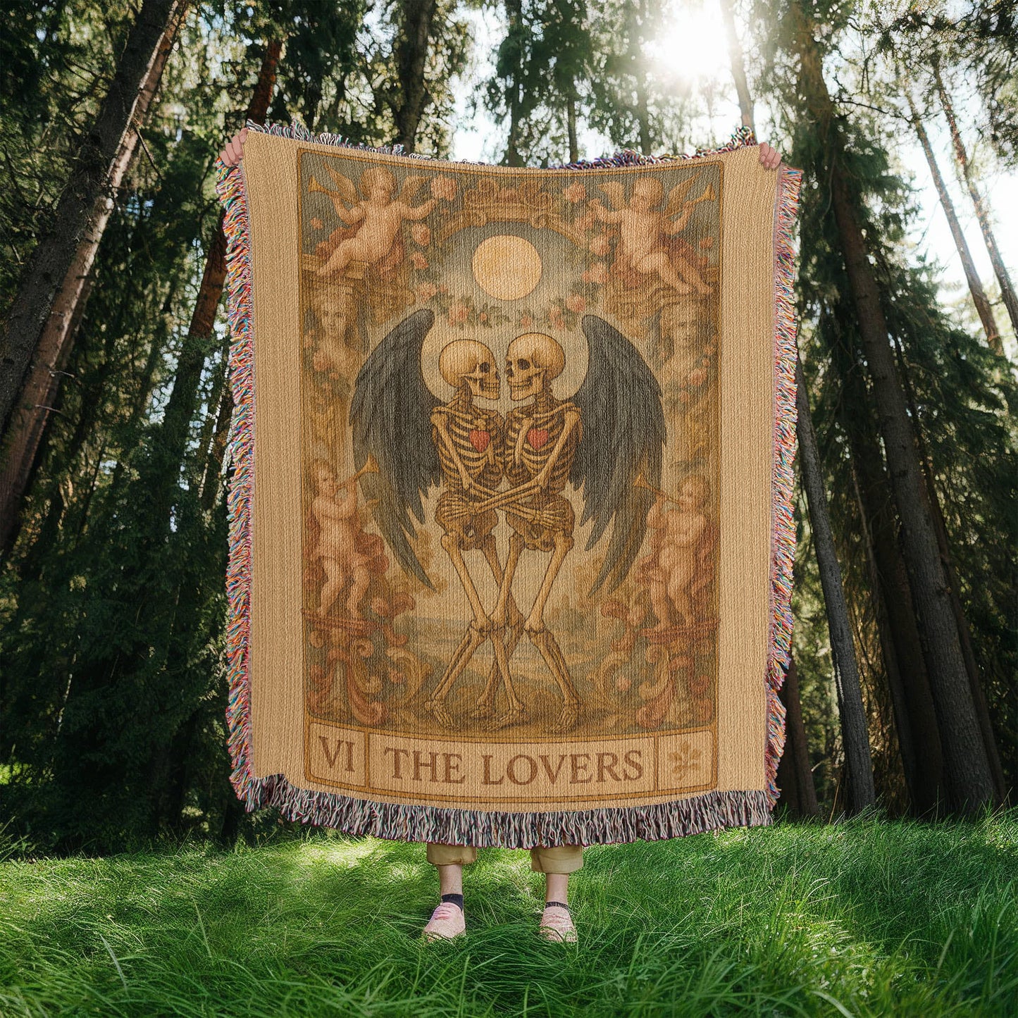 100% Cotton Woven Blanket – Gothic Skeleton Couple with Black Wings Surrounded by Cherubs, The Lovers Card Design