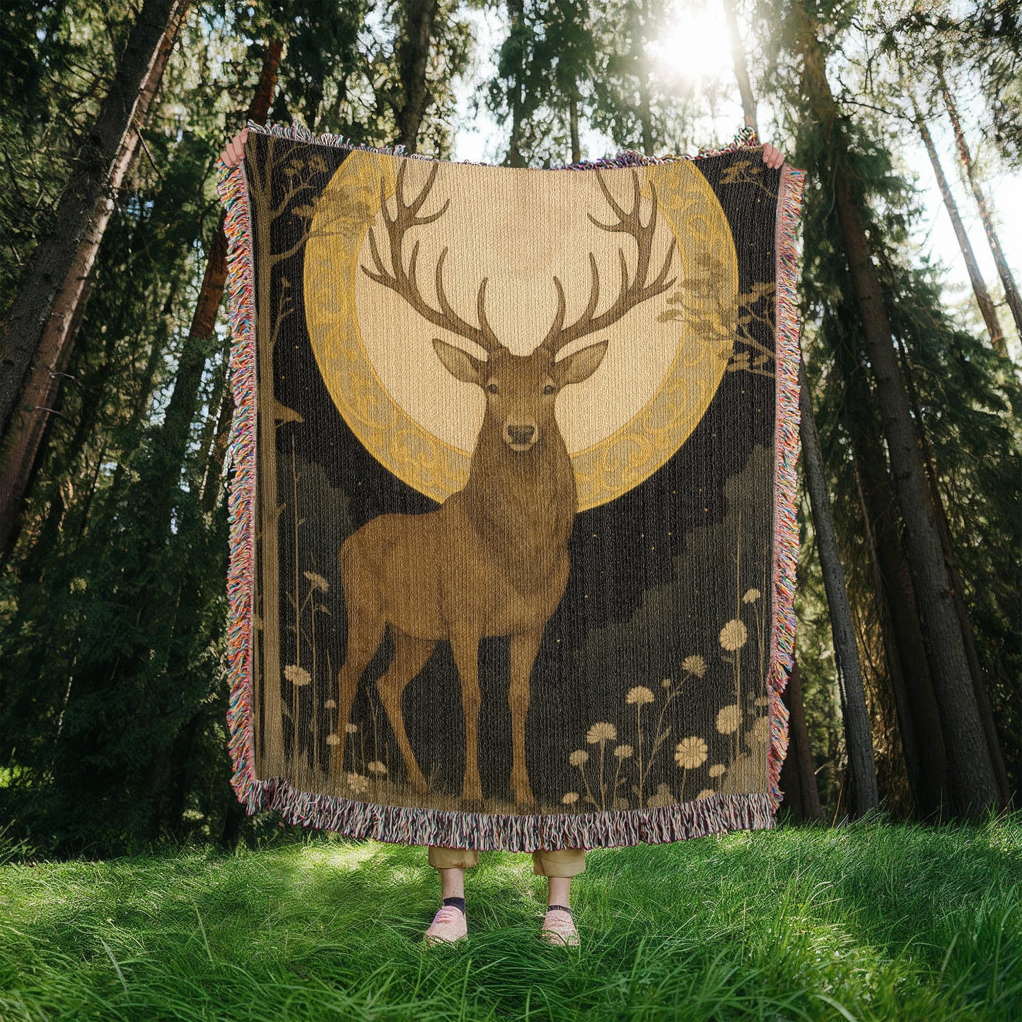 100% Cotton Woven Blanket – Majestic Deer on Night Meadow under Full Moon