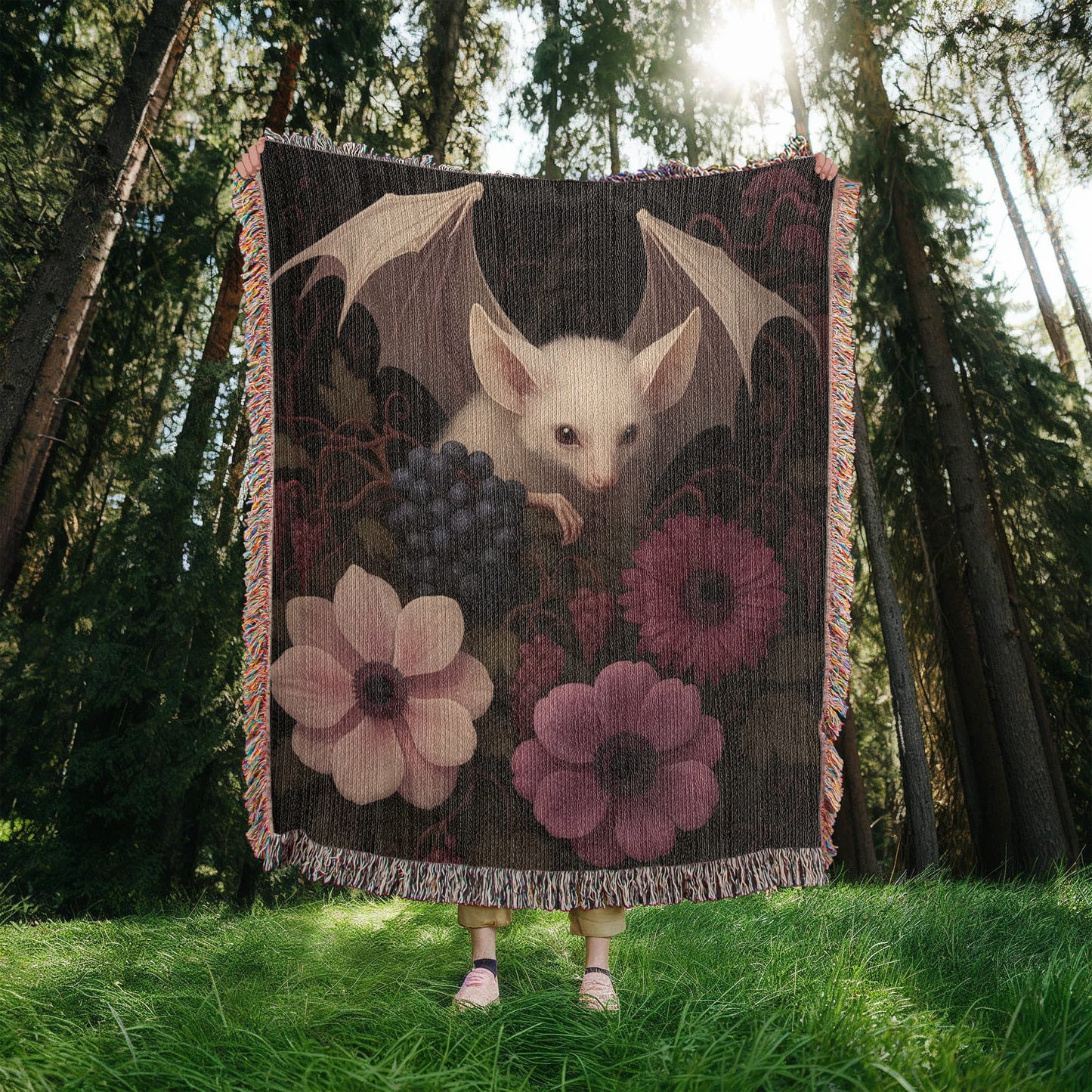 100% Cotton Woven Blanket – Bat Resting in Blooming Flowers