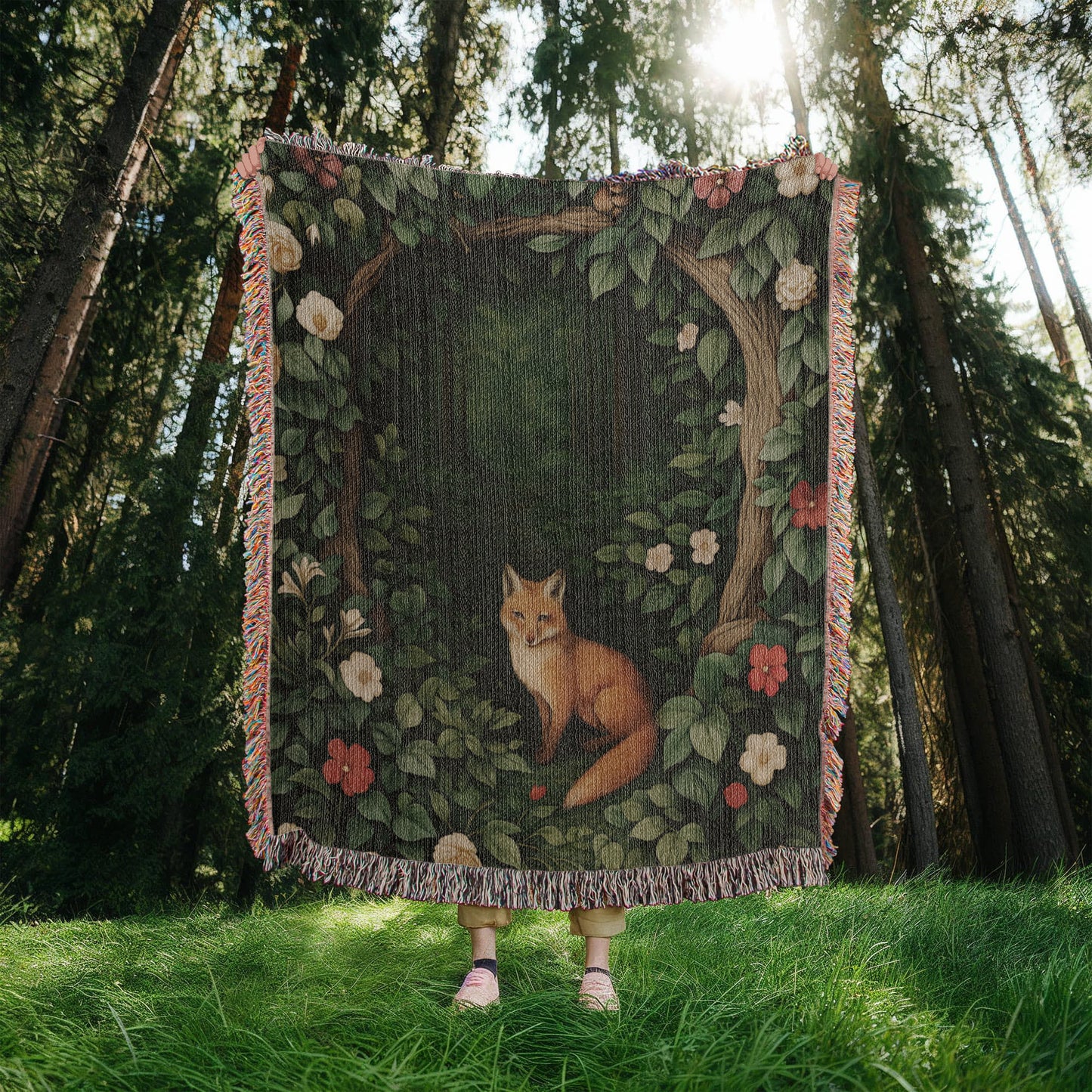 Cotton Woven Blanket – Woodland Fox among Leaves and Flowers