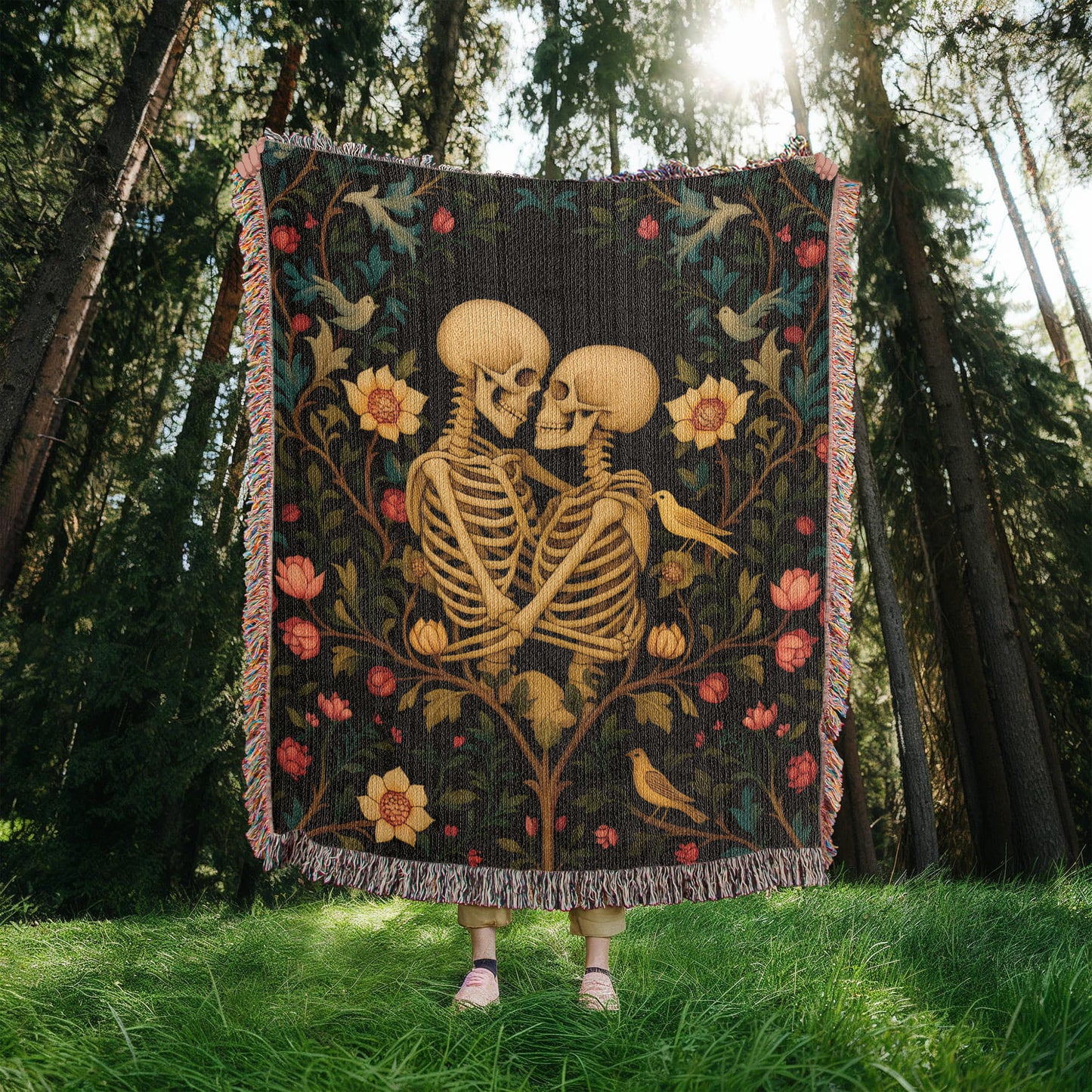 Premium Woven Cotton Throw – Skeleton Lovers in Enchanted Floral Border