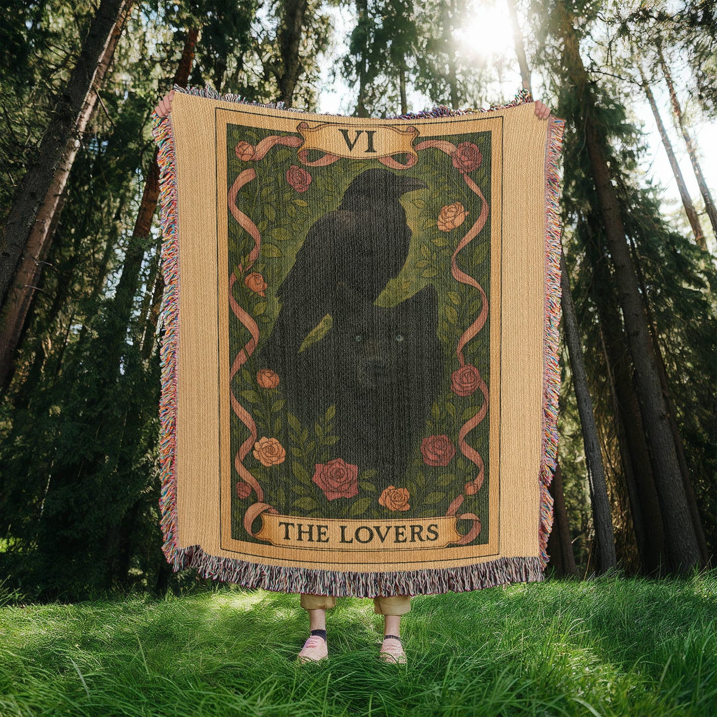 100% Cotton Woven Blanket – Mystic Black Wolf and Raven on Grass & Flowers, The Lovers Card VI