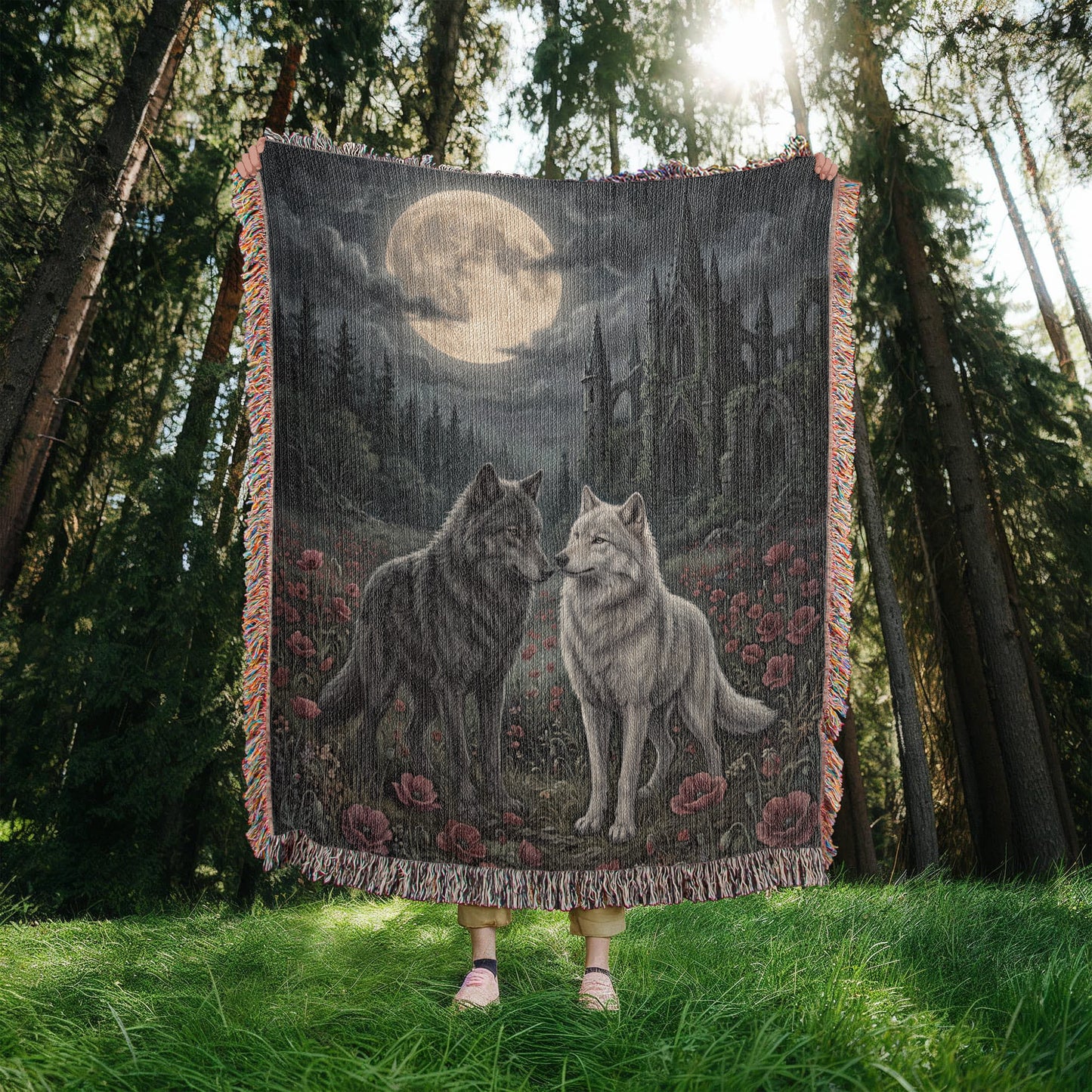 Gothic Wolf Couple Woven Blanket – Moonlit Castle, Poppy Field Tapestry