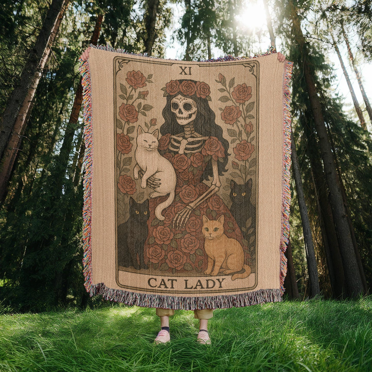 Premium Woven Cotton Throw – Skeleton Cat Lady Dressed in Red Roses with Four Cats, “Cat Lady” Card Artwork
