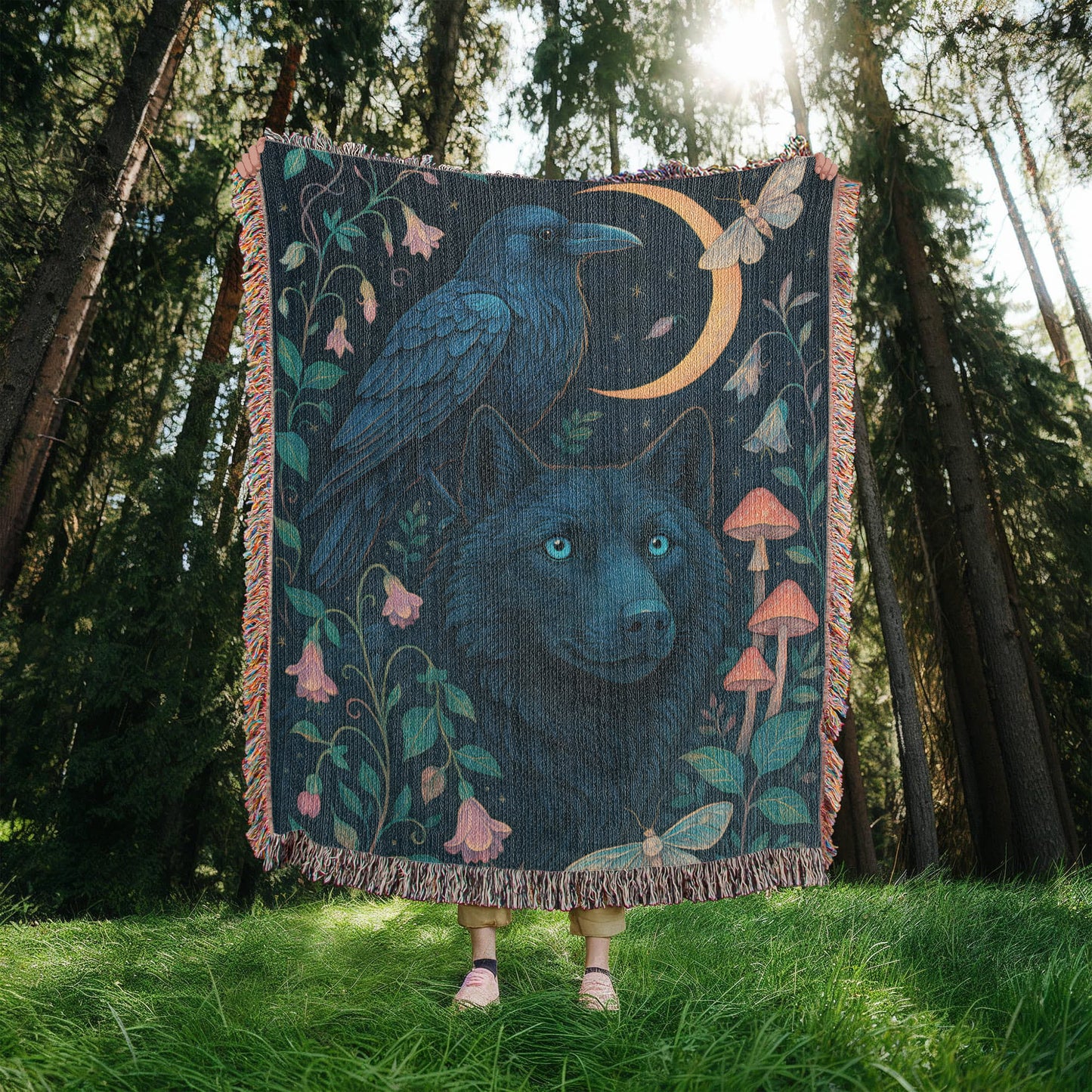 Premium Woven Cotton Throw – Enchanted Forest Scene with Black Wolf, Raven and Crescent Moon