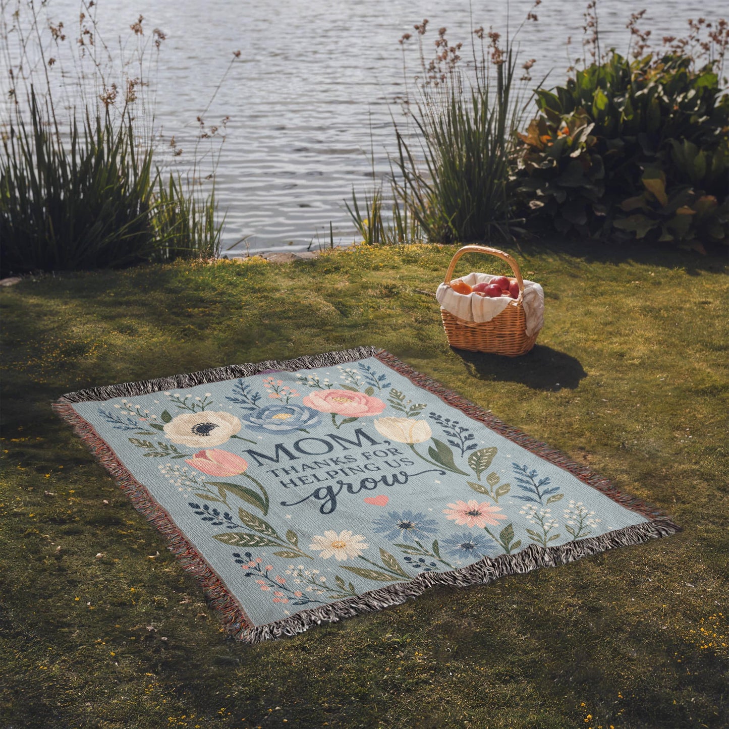 100% Cotton Woven Blanket – Mom Thanks for Helping Us Grow, Blue Floral Mother's Day Throw Gift