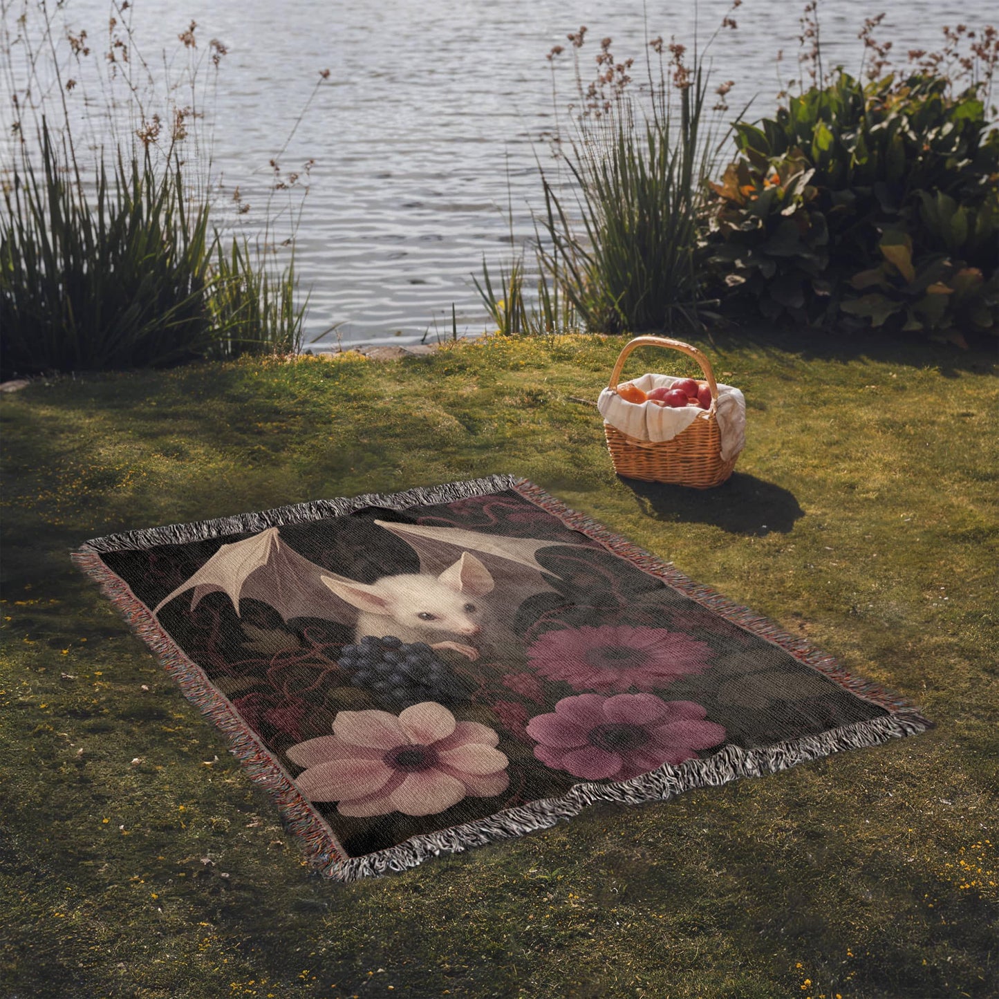 100% Cotton Woven Blanket – Bat Resting in Blooming Flowers