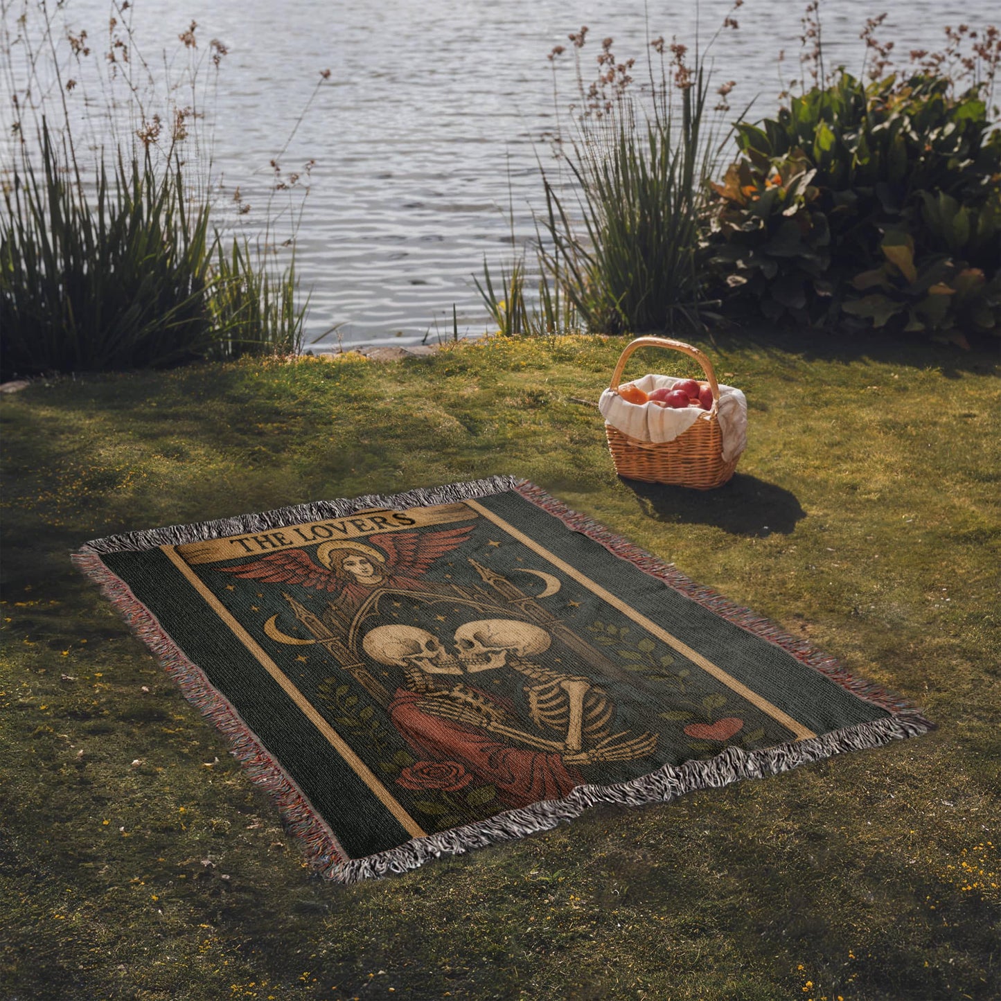 100% Cotton Woven Blanket – Gothic Skeleton Couple under Moon and Stars with Winged Angel, The Lovers Tarot Style