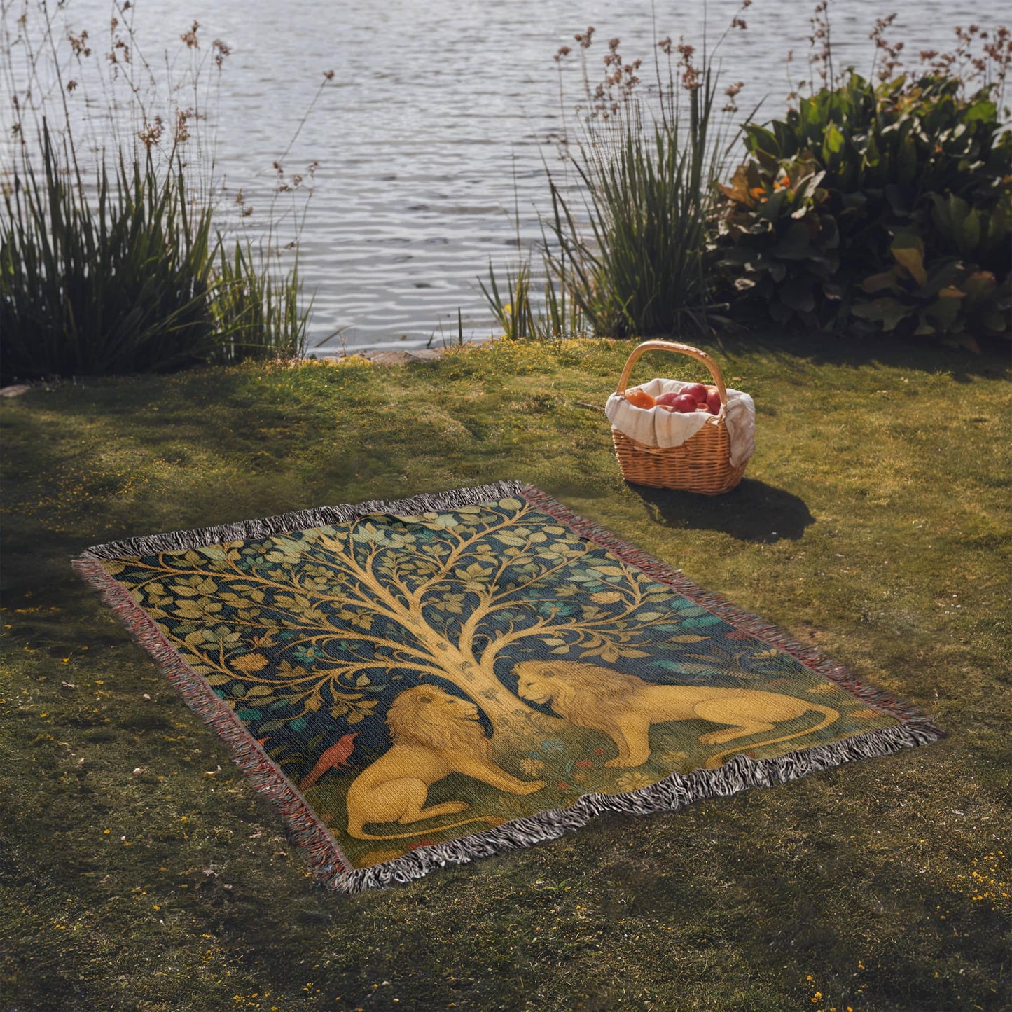 100% Cotton Woven Blanket – Majestic Lions under Forest Tree Gazing at One Another