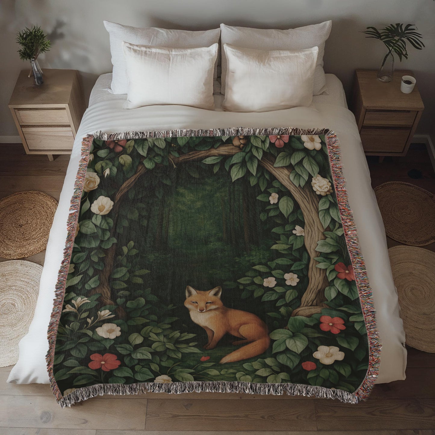 Cotton Woven Blanket – Woodland Fox among Leaves and Flowers