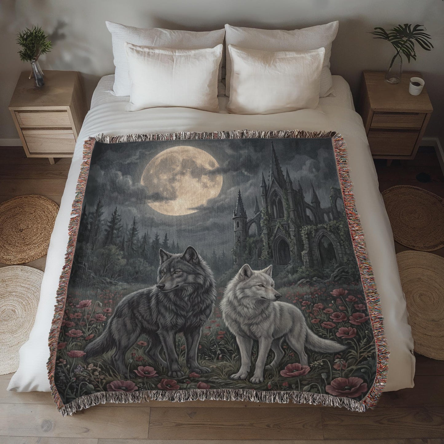 Cotton Woven Blanket – Gothic Wolf Couple in Poppy Field under Moon