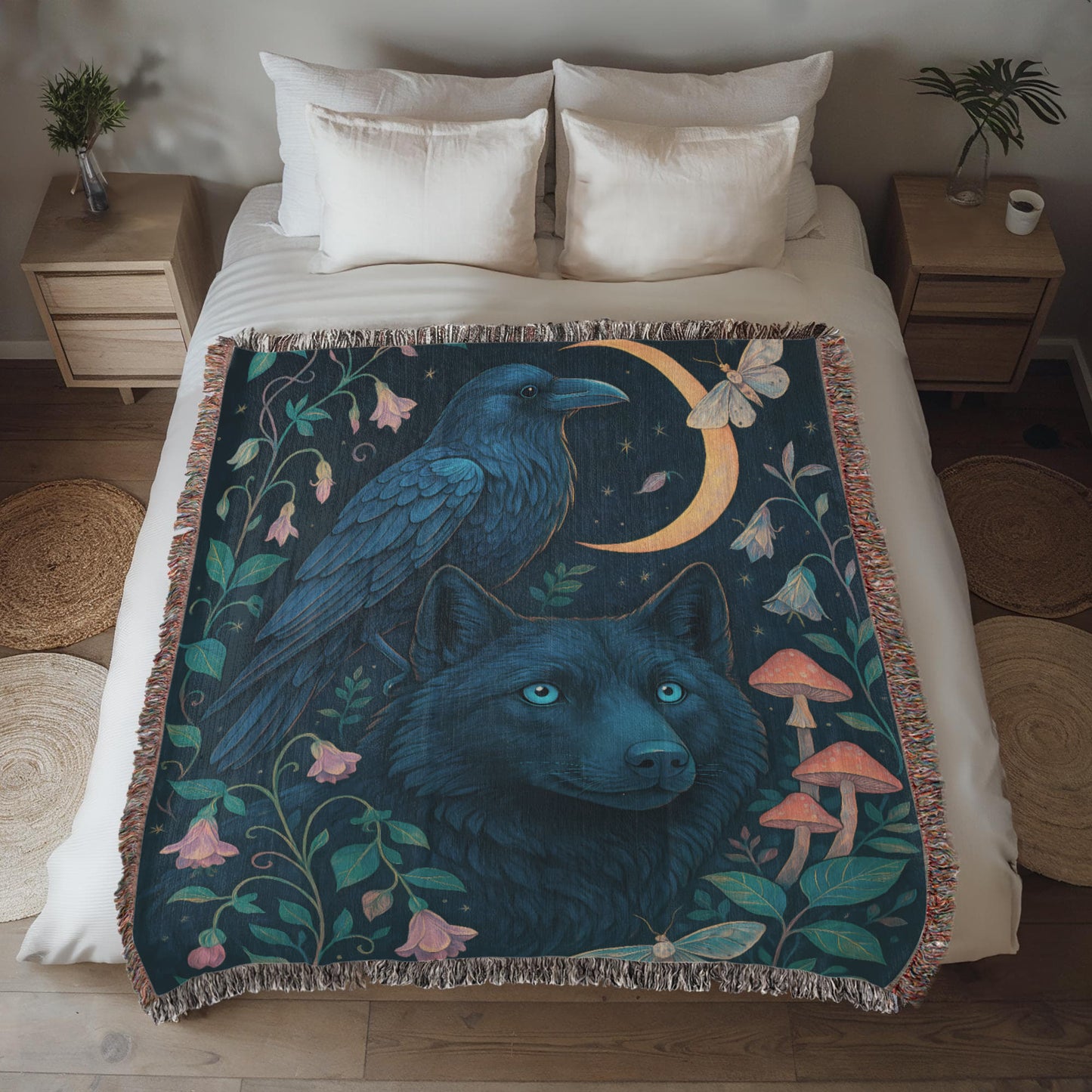 Premium Woven Cotton Throw – Enchanted Forest Scene with Black Wolf, Raven and Crescent Moon