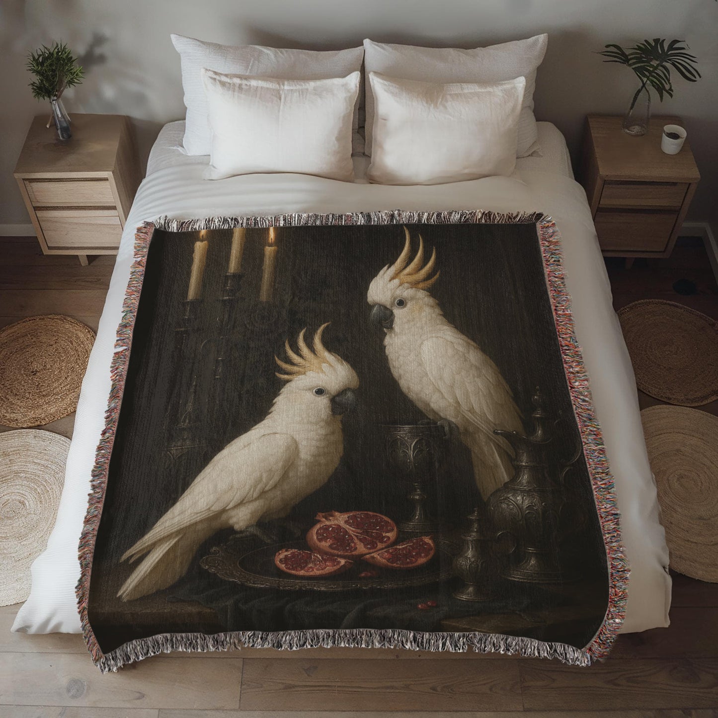 100% Cotton Woven Blanket – White Parrots on Table with Two Halved Pomegranates, Bronze Cup and Jug