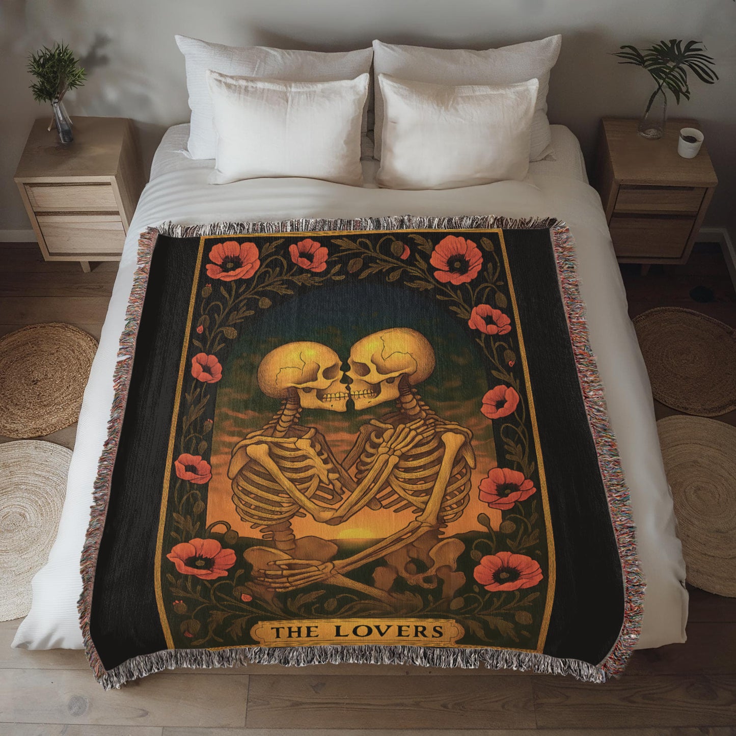 Premium Woven Cotton Throw – Skeleton Lovers with Poppy Garland Frame, Sunset Scene & The Lovers Caption