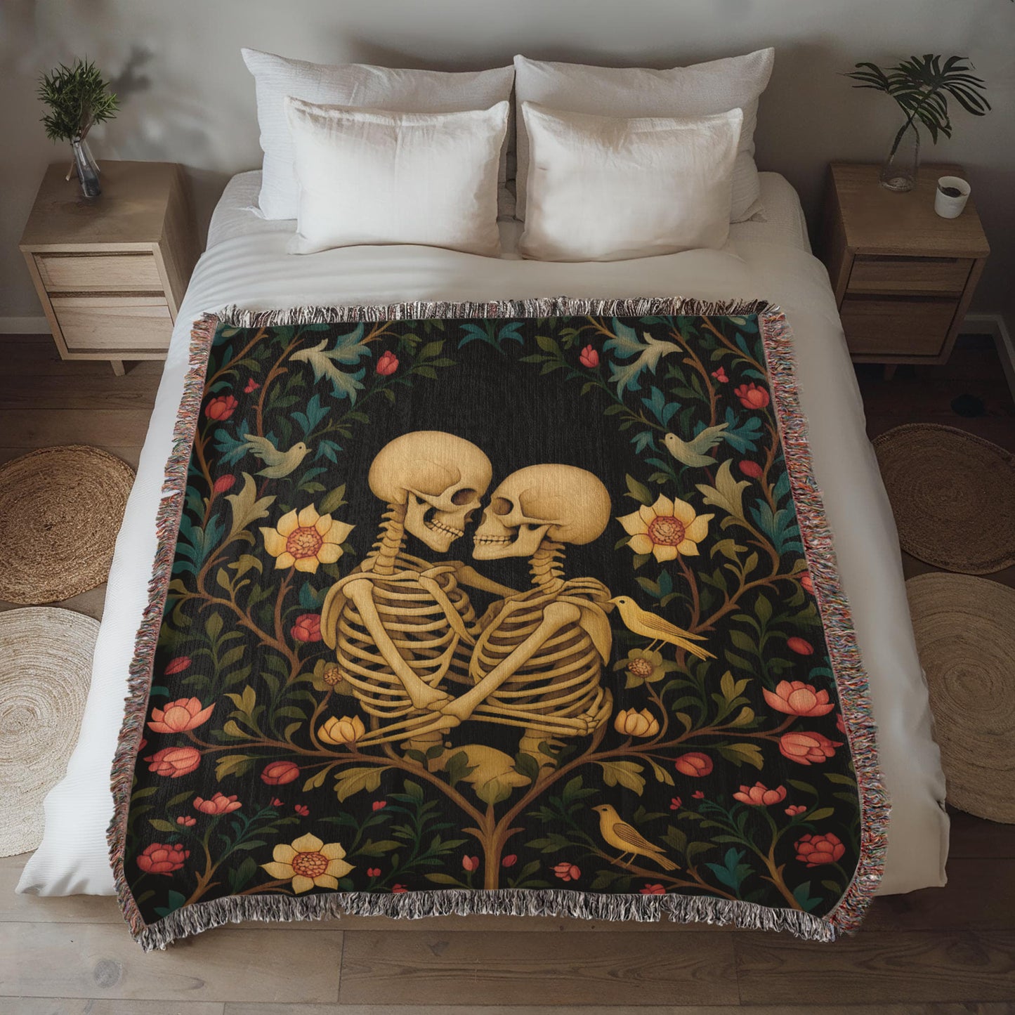 Premium Woven Cotton Throw – Skeleton Lovers in Enchanted Floral Border