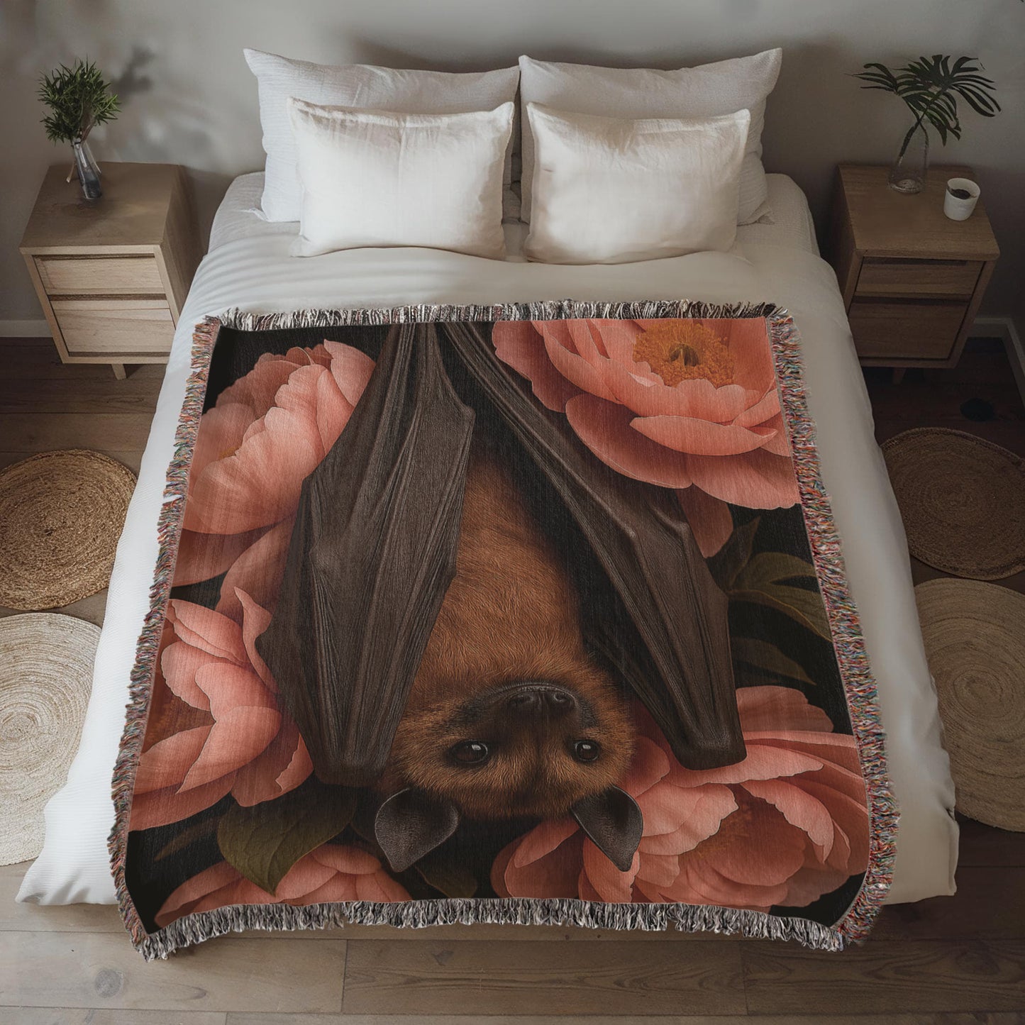 Premium Woven Cotton Throw – Bat Nestled among Vibrant Flowers