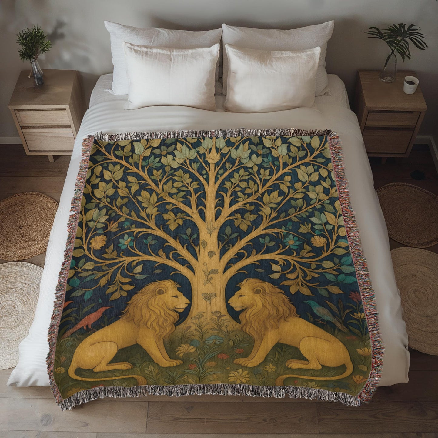 100% Cotton Woven Blanket – Majestic Lions under Forest Tree Gazing at One Another