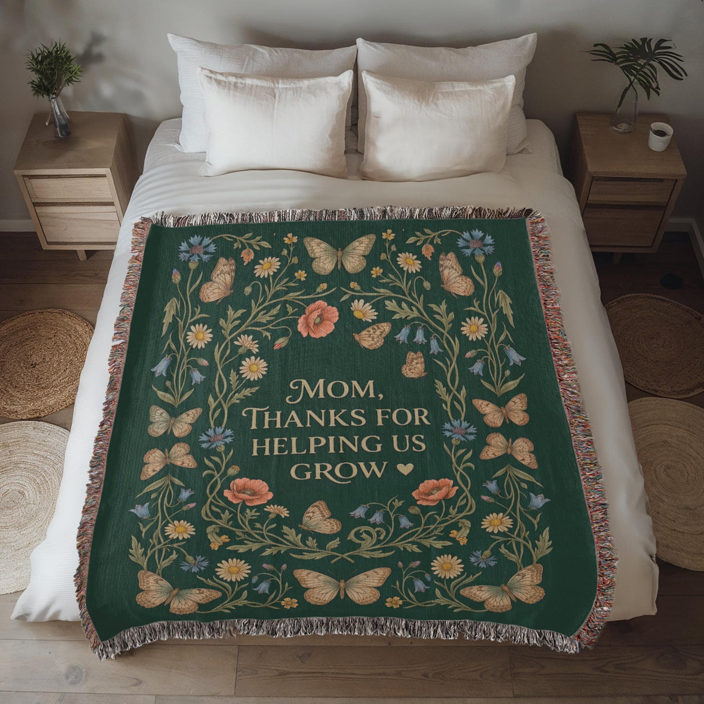 100% Cotton Woven Blanket – Mom Thanks for Helping Us Grow, Emerald Wildflower Throw Gift