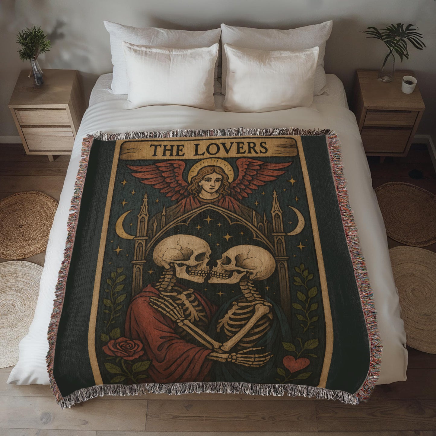 100% Cotton Woven Blanket – Gothic Skeleton Couple under Moon and Stars with Winged Angel, The Lovers Tarot Style