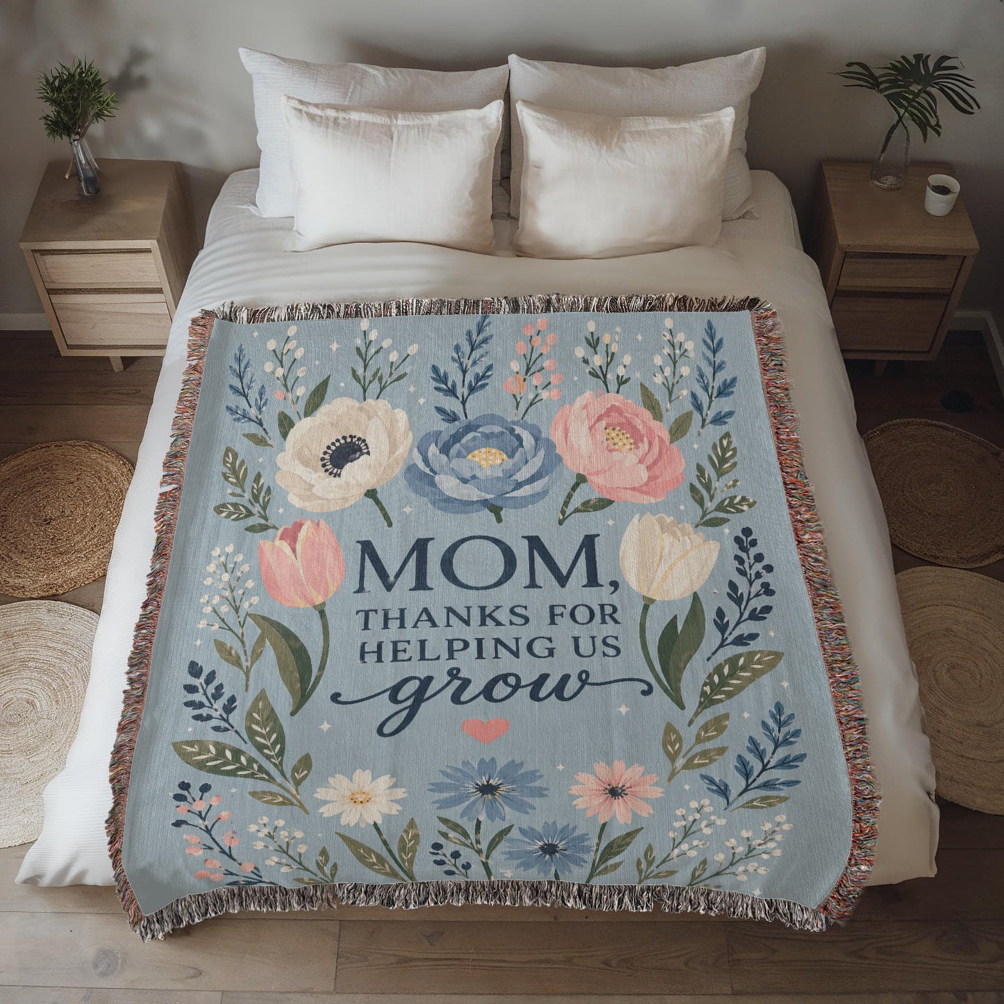 100% Cotton Woven Blanket – Mom Thanks for Helping Us Grow, Blue Floral Mother's Day Throw Gift