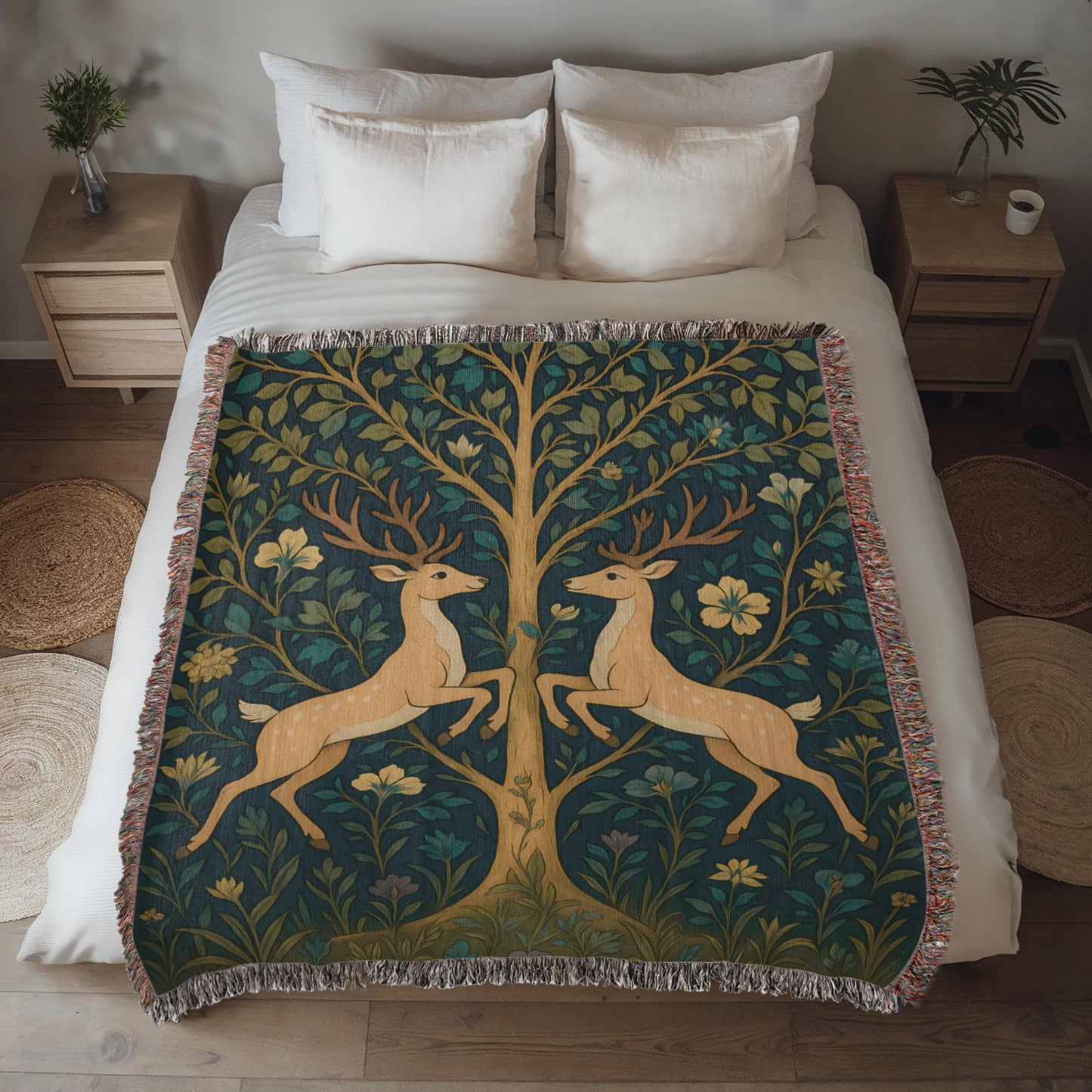 Premium Woven Cotton Throw – Fantasy Deer Duo Rearing Face to Face under Enchanted Tree